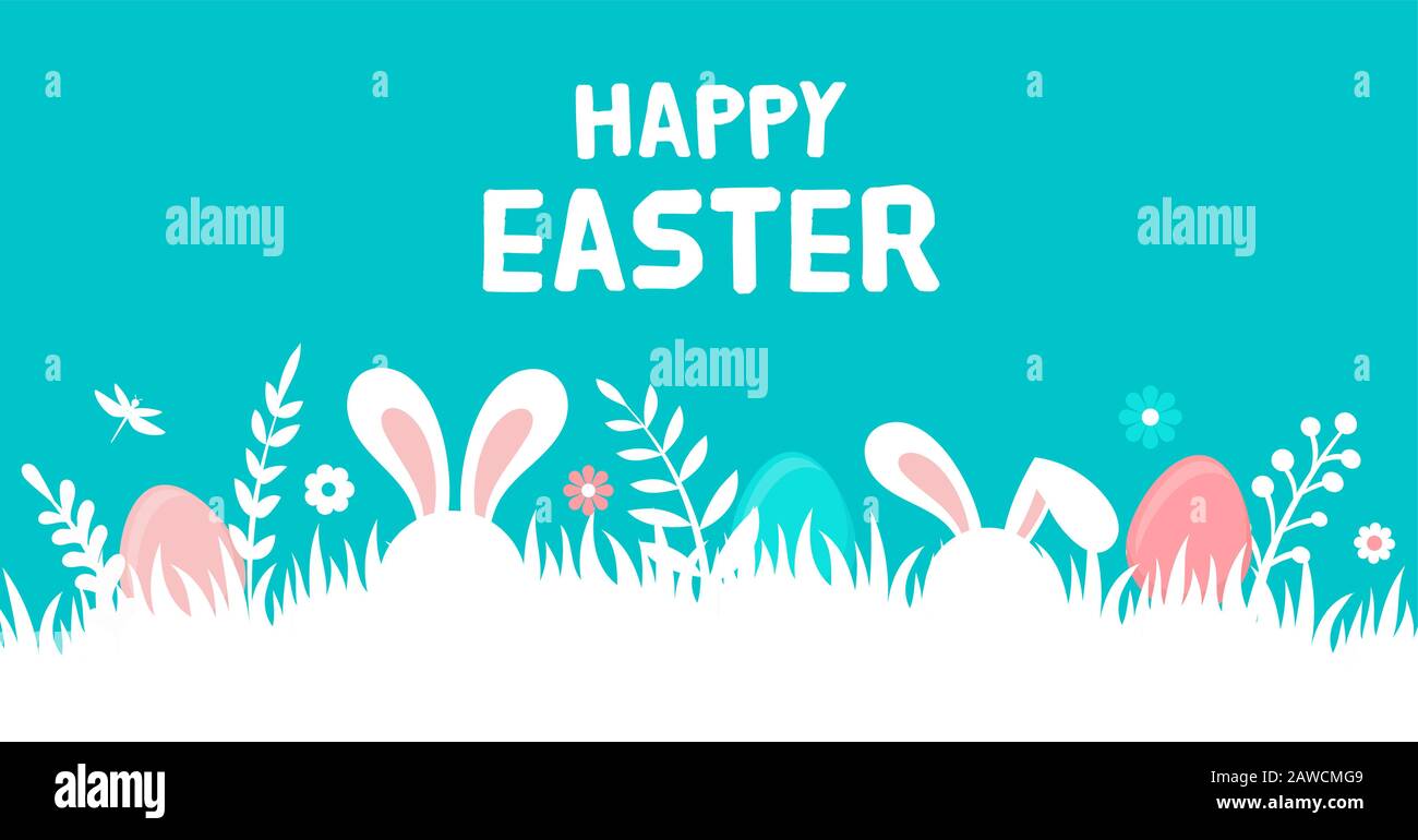 Happy Easter banner with bunny, flowers and eggs. Egg hunt poster