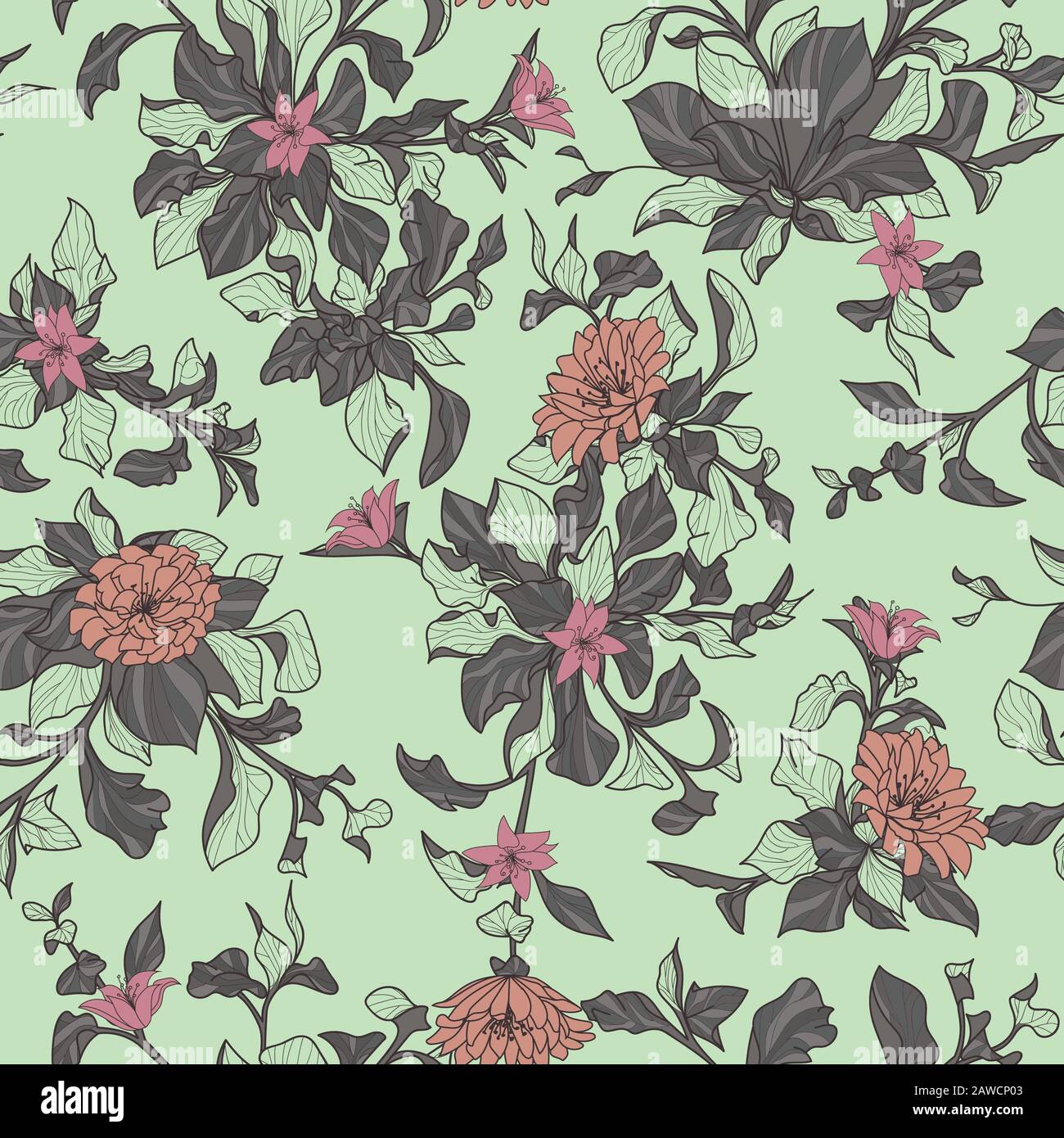 Floral branches seamless repeating pattern with green background Stock ...