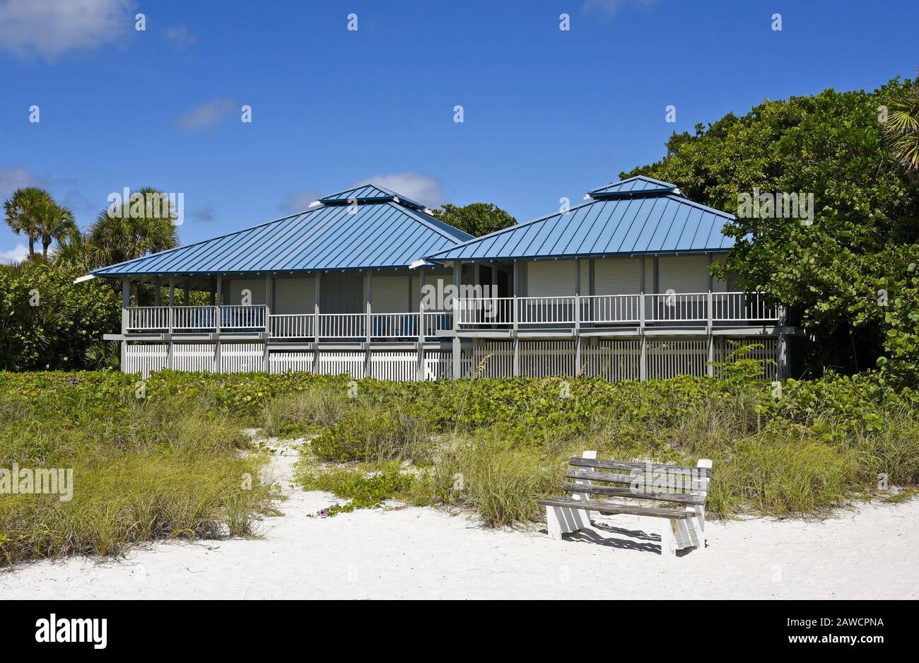 Large New Beach House With Blue Tin Roof And Storm Shutters Stock Photo Alamy
