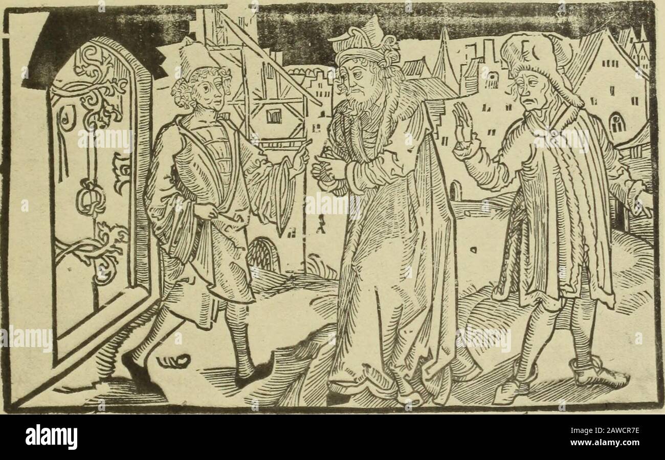 Albrecht Dürer's Aufenthalt in Basel 1492-1494 . Andria.Act III Scene 3. Chremes gicbt Simo die Zusage.. Andria. Act III Scene 4. Simo erzählt dem Davus, dass er vorhin (Act. I Sc. 2) mit der Hochzeit gar nicht Ernst gemacht habe; dies sei blos aus paedagogischer Taktik seinem Sohn zu liebe geschehen. Jetzt aber, da er gesehen, daß Tamphilus so freudig zu einer Vermählung mit der Tochter des Chremes zugestimmt habe, habe er bei diesem mit Erfolg angehalten. Davus ist in Verzweiflung. (Die Zeichnung ist geschnitten.) Stock Photo