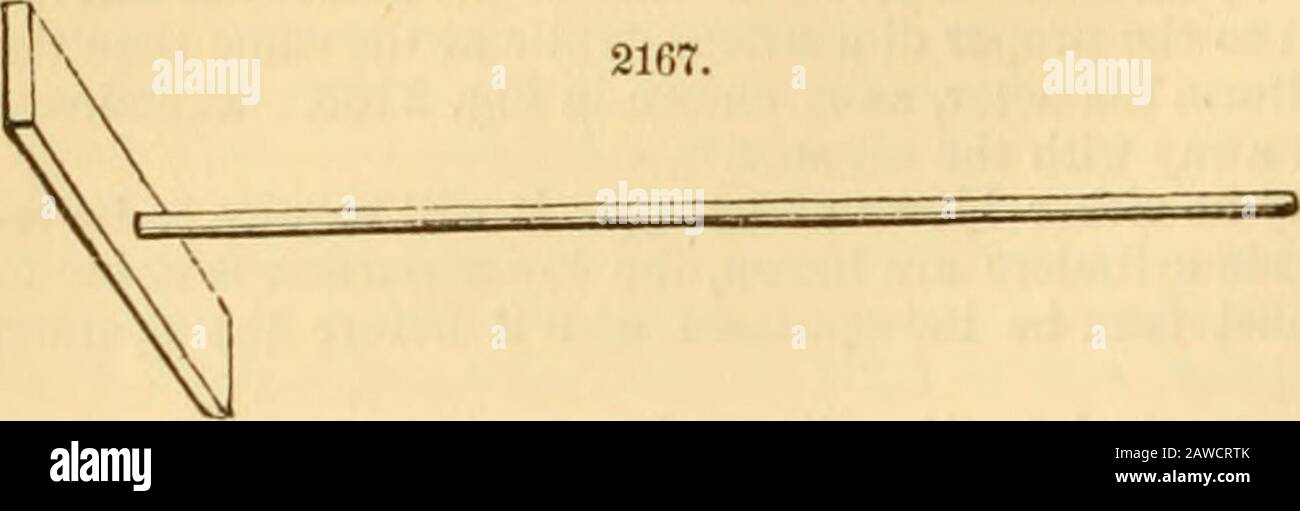 Appletons' cyclopaedia of applied mechanics: a dictionary of mechanical engineering and the mechanical arts . lves, and are easily straightened and made even. For this latter purpose, a rod of iron, fur-nished at the end with a wooden polisher,Fig. 2167, is employed, and this is dippedinto water each time it is used. When allthe curvatures and lumps have been reduced,the sheet is pushed backward into the an-nealing-oven, where it cools down and isplaced in an upright leaning position. Be-tween every 80 or 40 sheets an iron rod s sis inserted, and the operation is continueduntil the whole furna Stock Photo