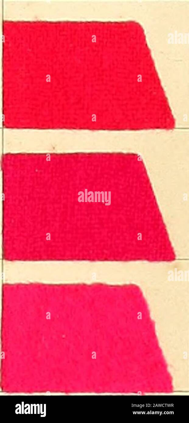 The aniline colours of the Badische Anilin- & Soda-Fabrik, Ludwigshafen on Rhine and their application on wool, cotton, silk and other textile fibres . Phloxiue BBN. Rose Bengal NX.. Sheet 4. Cotton. 131 — i I Dyeing Cotton Yarn, Apparatus for dyeing yarn. 1. Wooden vats are generally used for dyeing cotton in the hank and they areusually constructed to hold 50 or 100 lbs. It is seldom that they are madelarger or smaller than this. During the dyeing process the hanks are hung on smooth rods, so thatonly about ^ji of their length is above the surface of the dye-liquor. Theyam is turned by hand, Stock Photo