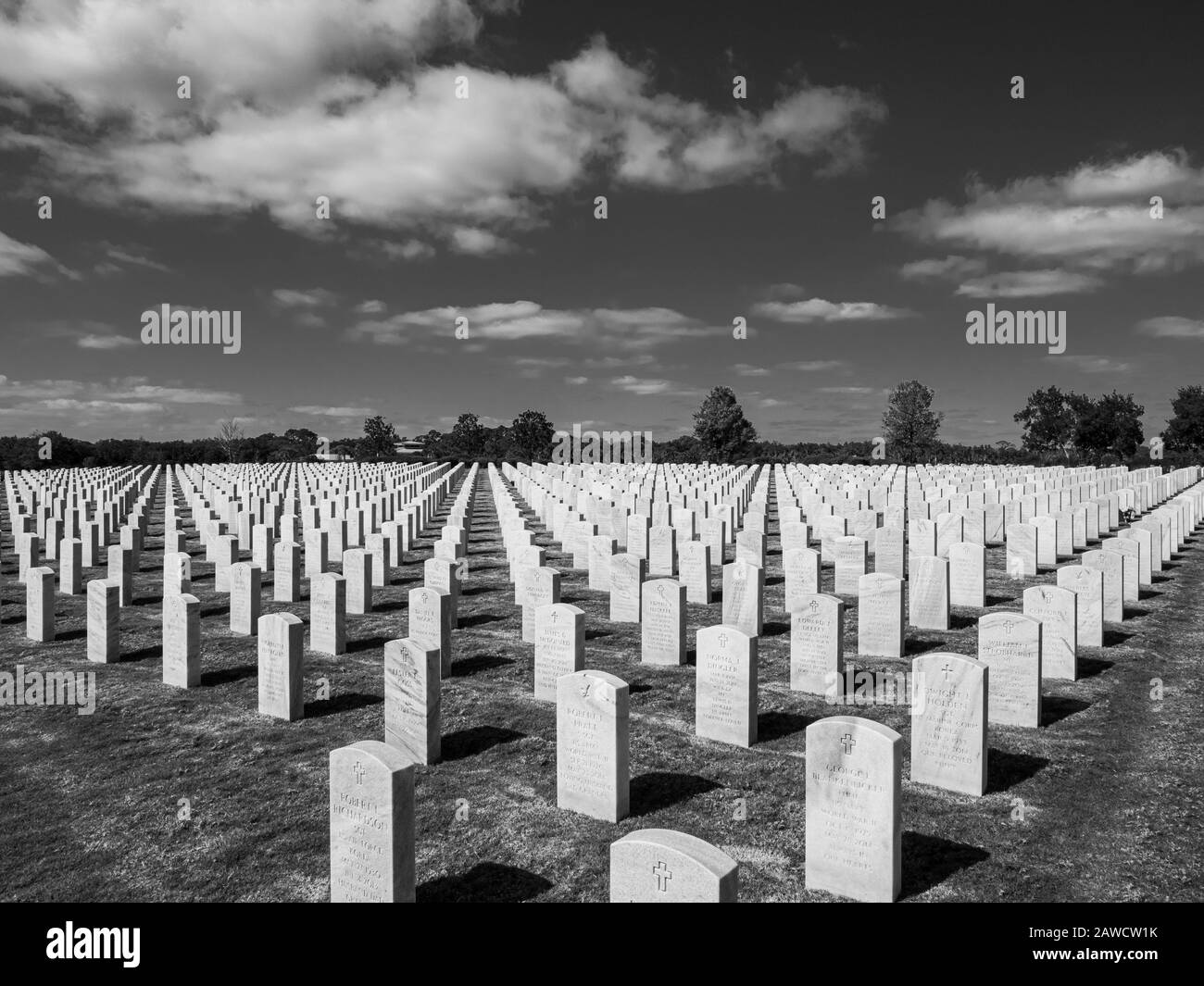 Black and White image of grave stones in Sarasota National Cemetery in Sarasota Florida Stock Photo