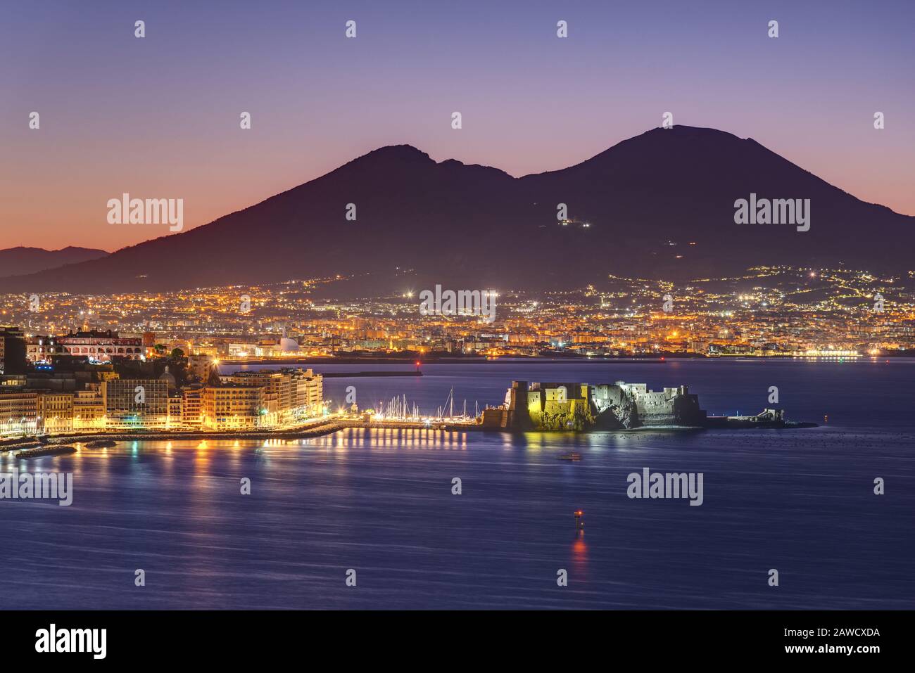 View over the Gulf of Naples before sunrise with Mount Vesuvius in the back Stock Photo