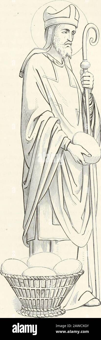 Caractâeristiques des saints dans l'art populaire . nait ce secours inat-tendu. Après avoir été déchargées, les bêtes de sommequi avaient apporté ces provisions partirent sur-le-champ,et lon ne put savoir où elles étaient allées. Saint Arnou, évêque de Soissons (Cf. Armes, p. 73;Fourche, etc.). Bénissant un pain et un broc Quelquespains et quelques mesures de boisson suffirent ainsi ànourrir plusieurs centaines de paysans. Je pense que cepourrait bien être lorigine du patronage que lui ontdéféré les brasseurs et les meuniers de Flandre; dautantplus quil avait prêché dans leur pays, et réconcil Stock Photo