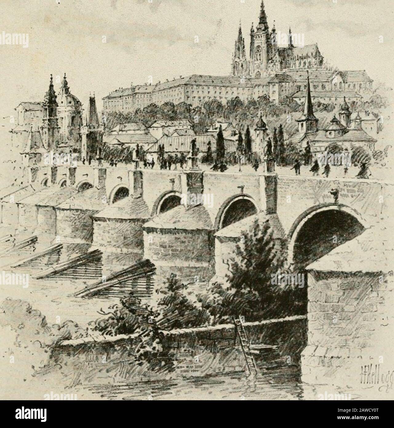 Around the clock in Europe; a travel-sequence . PRAGUE, THE CASTLE FROM THE OLD BRIDGE PRAGUE 100 then the profoundest stirring of the Slavic nature andthe moving of emotional depths beyond the conceptionof the reserved and impassive Anglo-Saxon. Especiallyis this so when the music is of a national character, suchas the Ma Vlast symphonic poems of Smetana, ora Slavic dance of Dvoraks. These Bohemian masters,with their fellow countryman, Fibich, constitute atrinity that is reverenced in their native land to an extentthat almost passes belief, and that has done so much inmaking Prague one of the Stock Photo