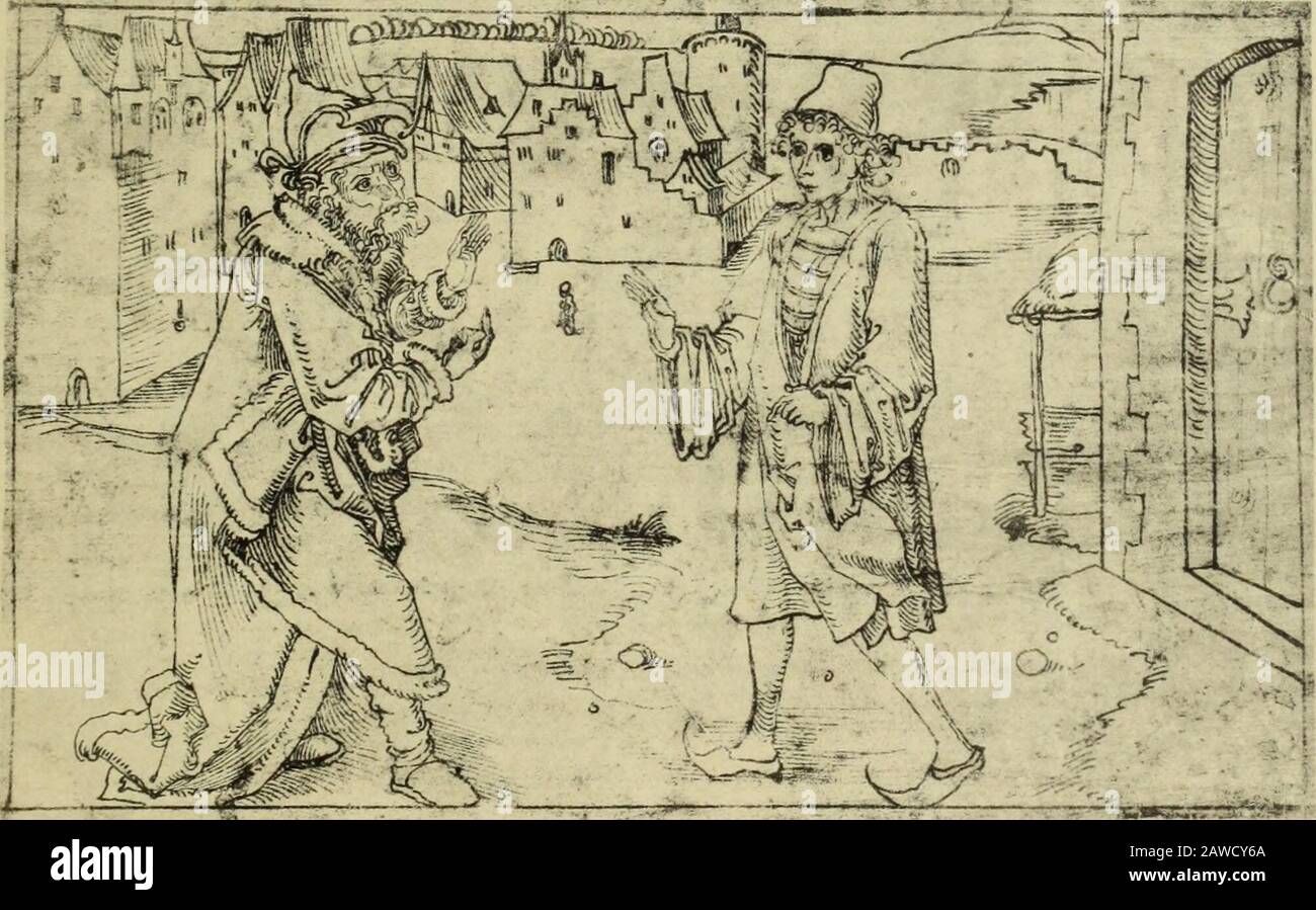 Albrecht Dürer's Aufenthalt in Basel 1492-1494 . Andria.Act II Scene 5. Pamphilus erklärt Simo, mit der Hochzeit einverstanden zu sein. Byrria , Sklave des Charinus, belauscht die Unterredung, ^Ä3 )^^. Andria. Act II Scene 6. Simo wird durch den gaiu unerwarteten Gehorsam des Pamphilus höchlichst überrascht und beginnt miß-trauisch zu werden. Er fragt Davus, weshalb Pamphilus trotz seiner raschen und freudigen Zusage dochso mißvergnügt ausgesehen habe. Davus antwortet mit Ausflüchten. Stock Photo