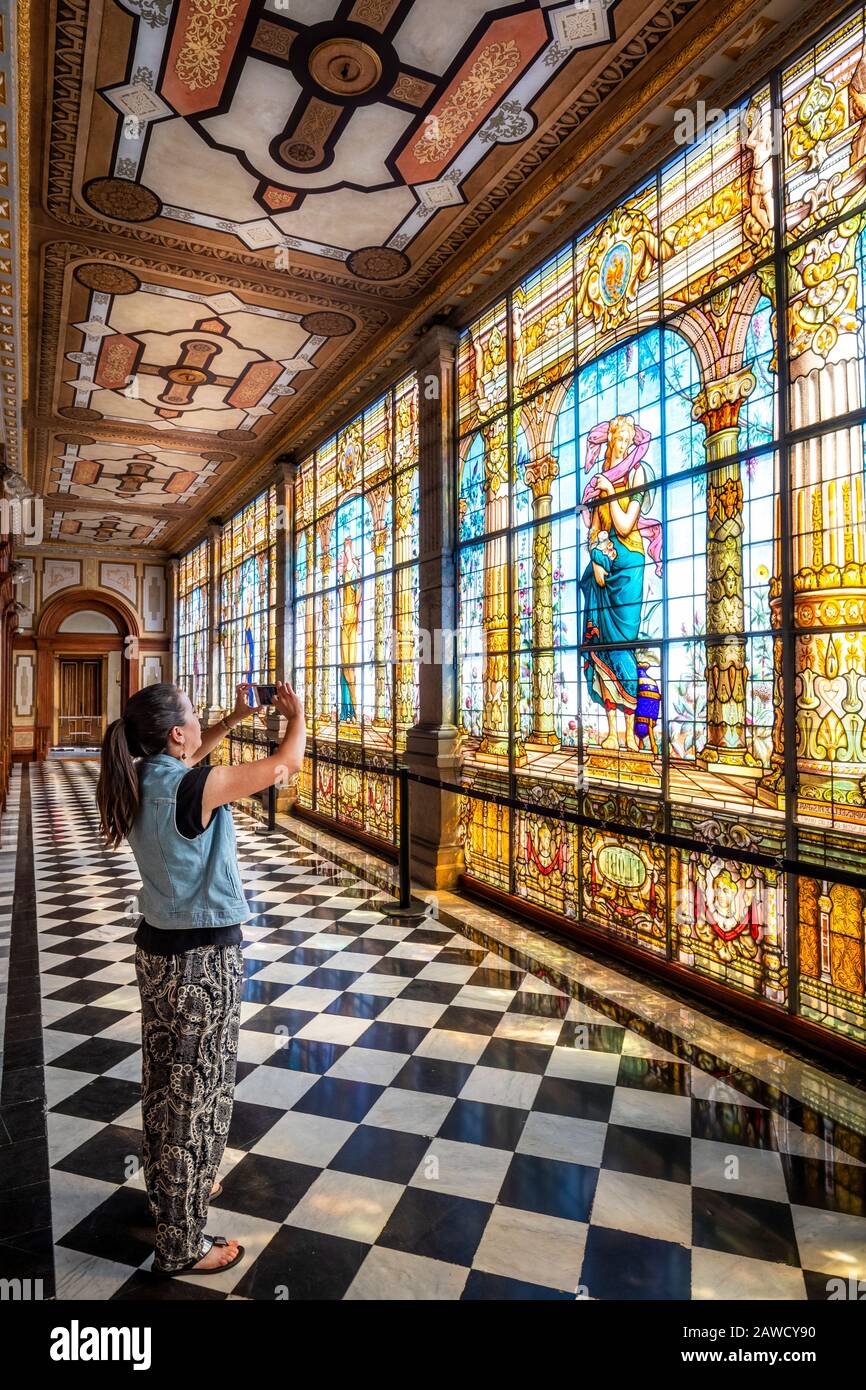 Fertilidad y Abundancia stained glass wall commissioned by Porfirio Diaz in 1900 at Chapultepec Castle in Mexico City, Mexico. Stock Photo