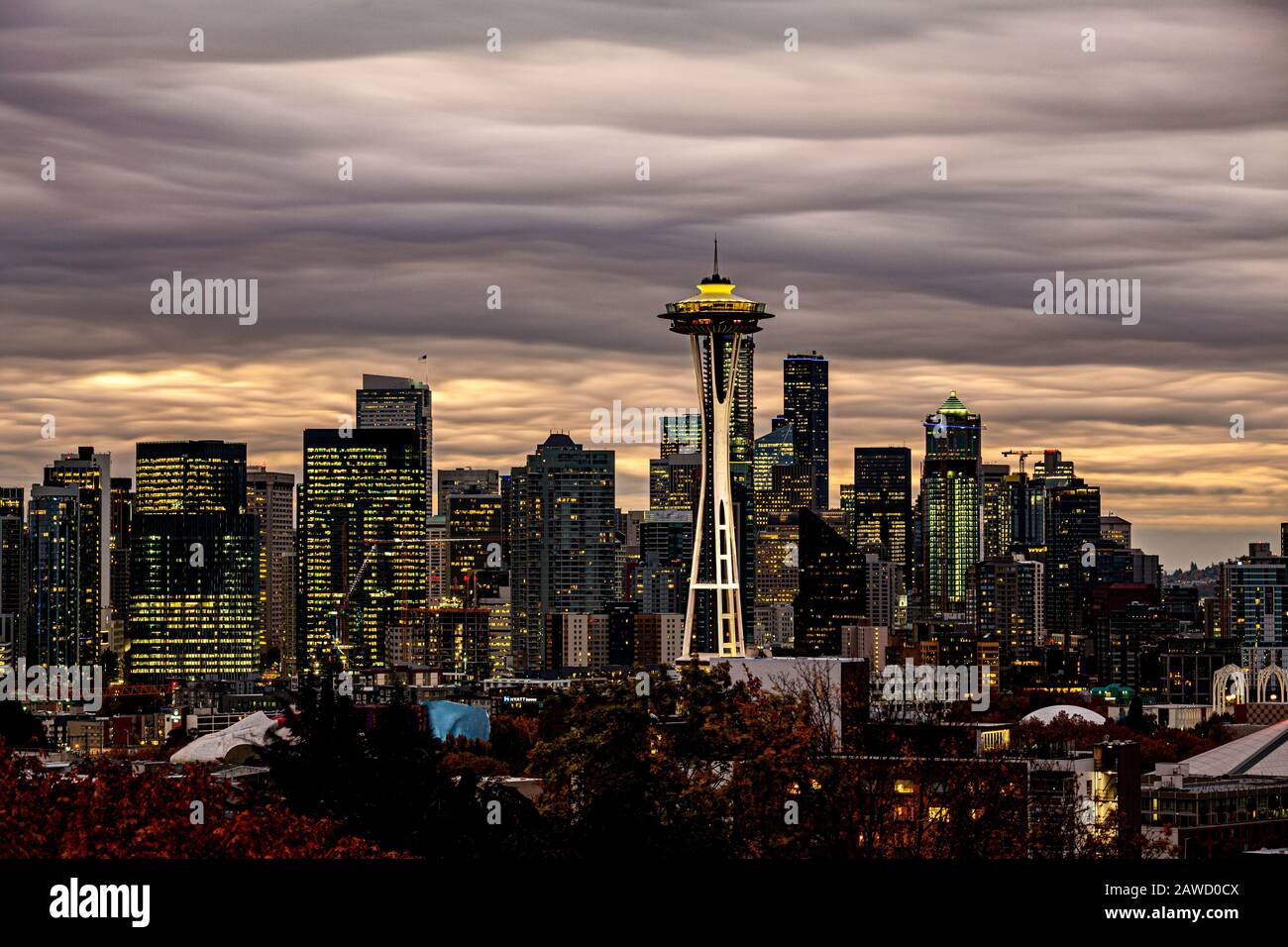 WA17384-00...WASHINGTON - The city of Seattle with the Space Needle viewed from Kerry park on Queen Ann Hill. Stock Photo