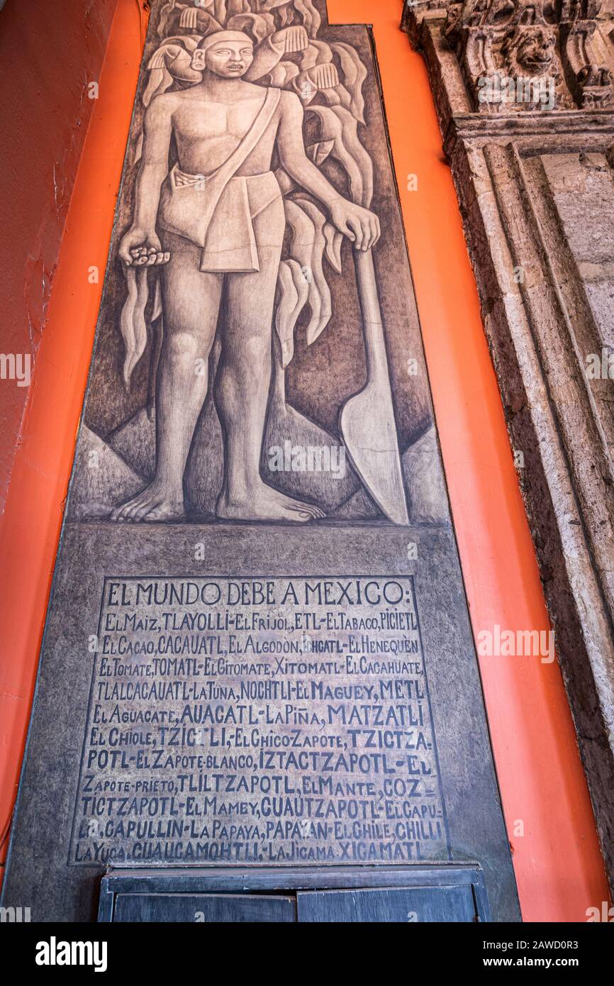 'What Mexico Has Given to the World' by Diego Rivera at the National Palace in Mexico City, Mexico. Stock Photo