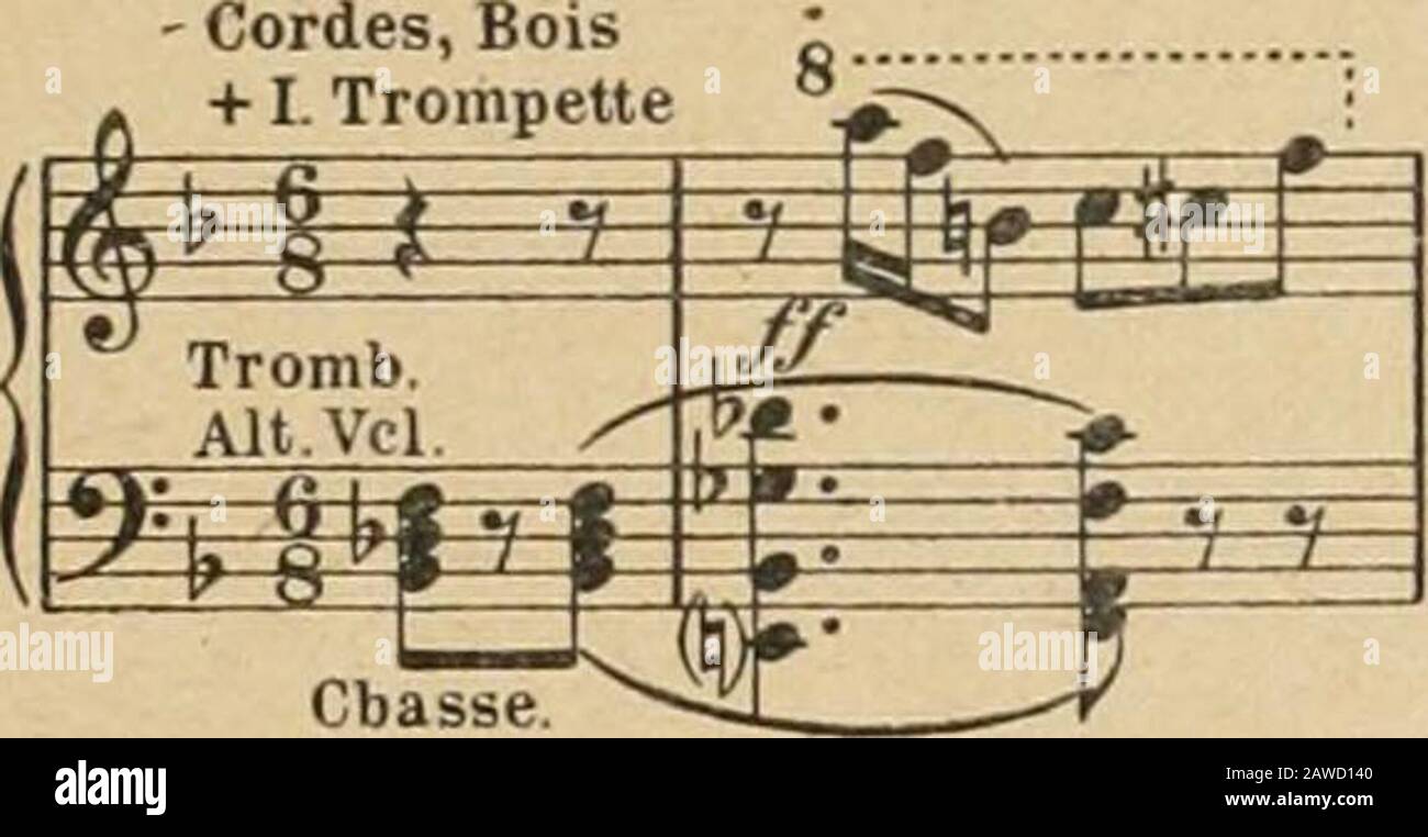 Le tutti orchestral . Ou celui-ci. de Till Eulenspiegel (mêmes éditeurs.). Le génial auteur de Salomé ne sen est pas tenu à ces menues au-daces et il n a pas craint de superposer les harmonies hétérogènes desi et fa mineur! {Elektra, partition de piano, p. 35.) Laccord de simineur se trouve à loctave 3, il est exécuté par des trompettes ensourdine; laccord de/a mineur en est très distant, ce sont les violonsdivisés qui lénoncent (en sourdine aussi, je crois), à loctave 5. Cesdeux timbres effacés et léloignement des accords font que leffet géné-ral est moins grinçant que lon se limagine tout da Stock Photo
