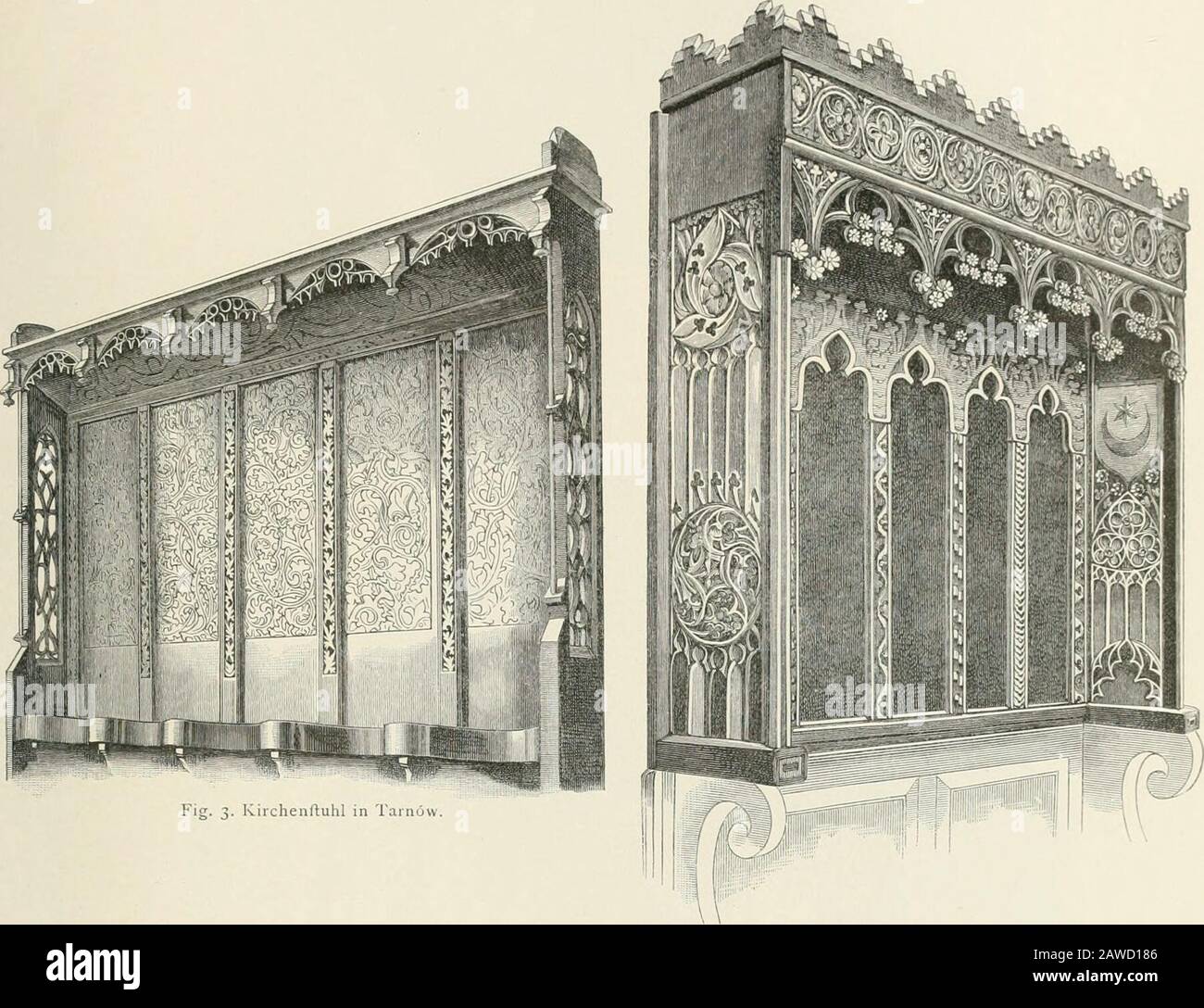 Mittheilungen der K.KCentral-Commission zur Erforschung und Erhaltung der Kunst- und Historischen Denkmale . den Ausfchnittcn angebracliten Säulchen find acht- eckig. Das crrößte Intcreffc diefer Chorftühle liegt Beilage zu den Mitlh. d. Centr.-Comm. 1893.Gothifche Holzgegenftäiide der kirchlichen Kunftinduftrie in Wefl-Galizien.. Fi. 10. Kircbenftuhl in Skrzvszöv Stock Photo