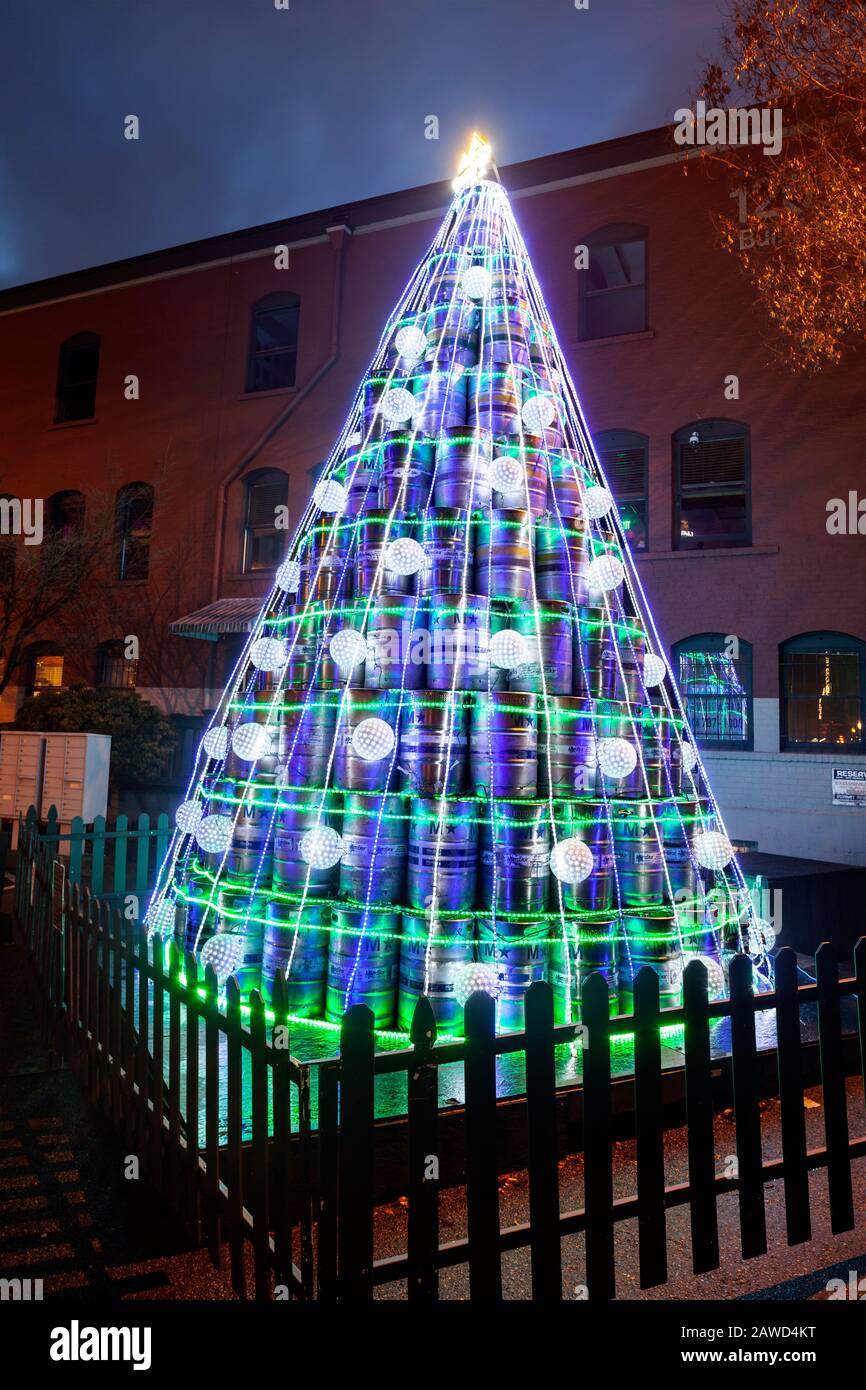 WA17397-00...WASHINGTON - Christmas decoration made from beer kegs at the Pyramid Brewing Company in Seattle. Stock Photo