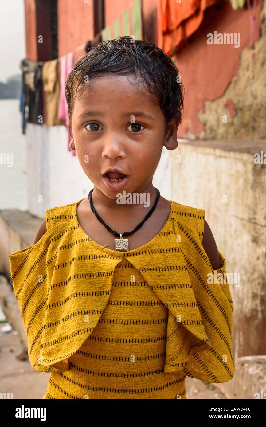 Indian surprised girl on the street at Mallick ghat in Kolkata. India Stock Photo