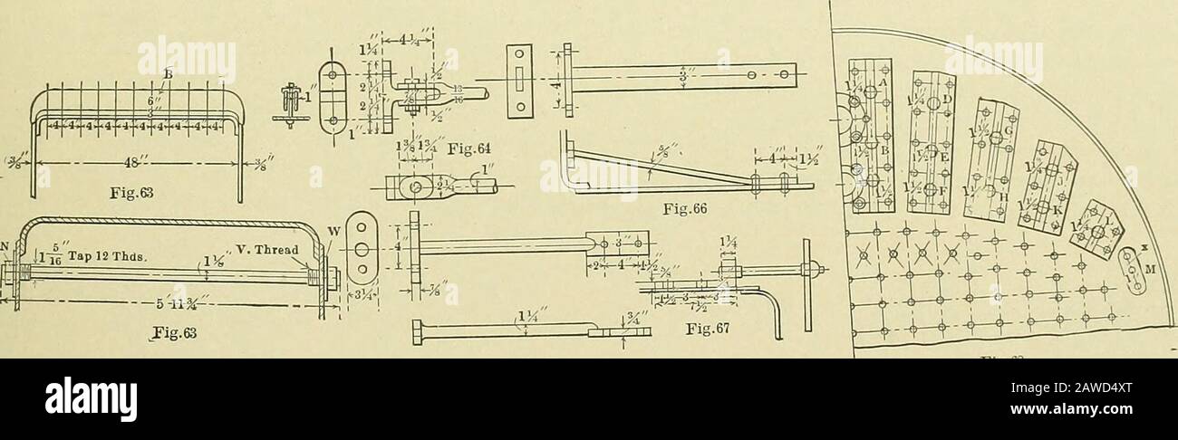 Laying out for boiler makers and sheet metal workers; a practical treatise on the layout of boilers, stacks, tanks, pipes, elbows, and miscellaneous sheet metal work . required. This figure calls for 3 inches center to center ofrivets. The holes are punched into the sheet and drilled intothe foot by jigs. There should be no difficulty in gettingthese holes to match up properly when they are ready to be At X is shown a two-rivet stay which works in to excellentadvantage. These T irons are stayed to the side of the boilerwith rods which vary in -diameter from i inch to iH inches. Fig. 69 shows a Stock Photo