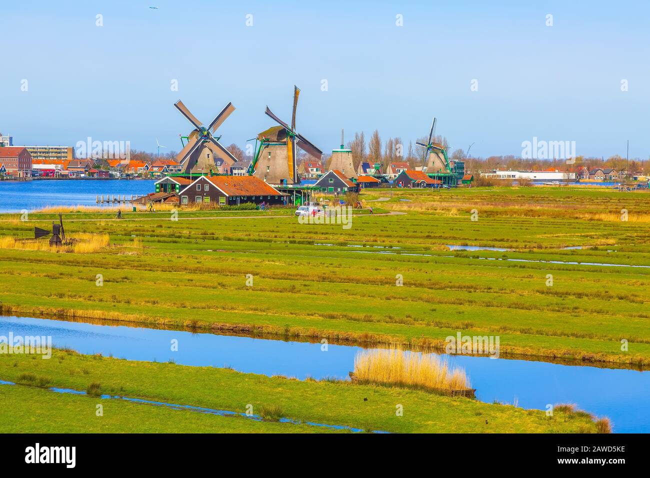 Panoramic View Of Windmills And Houses In Zaanse Schans Netherlands 