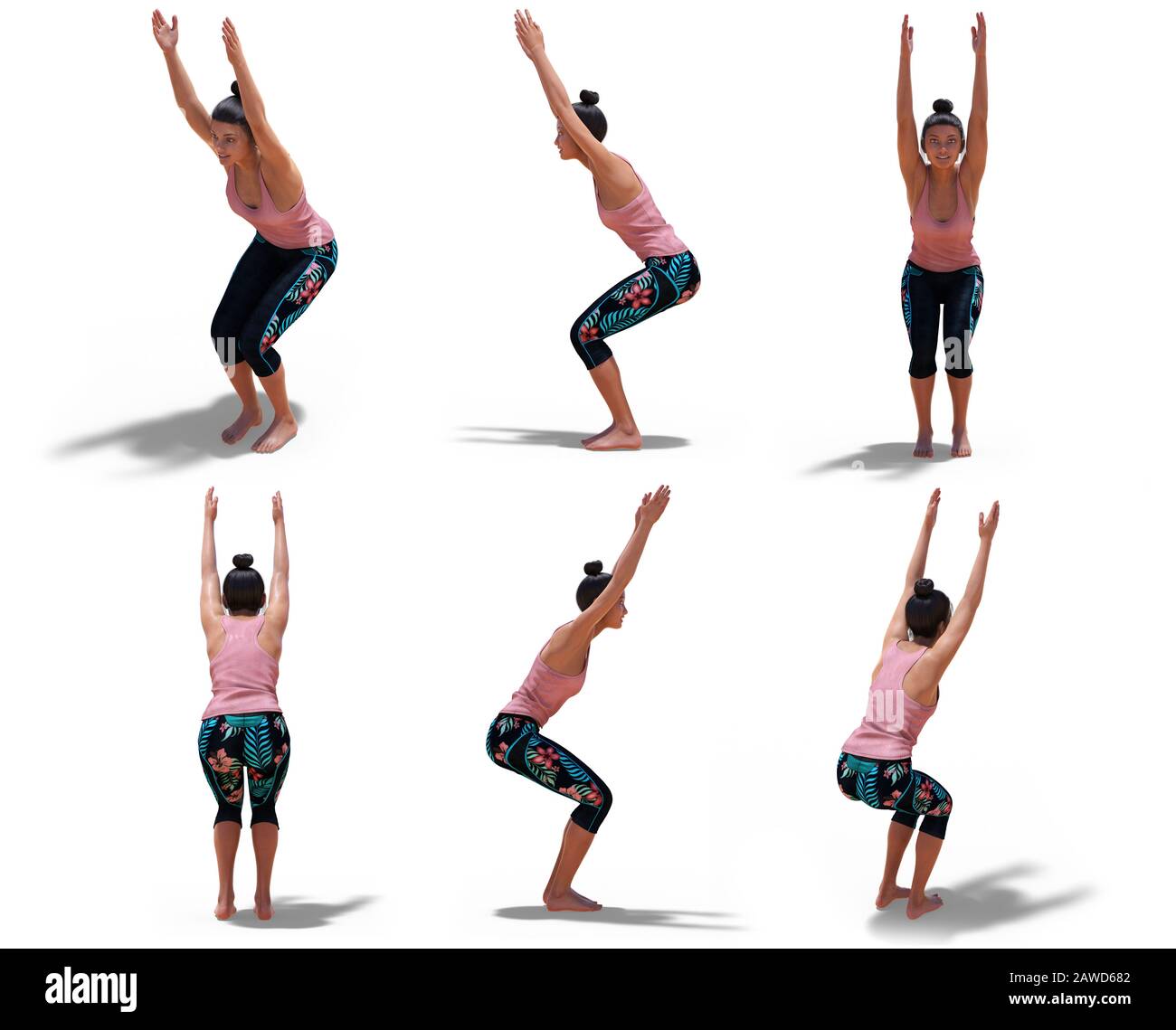 Virtual Woman in Yoga Chair Pose with 6 angles of view on a white