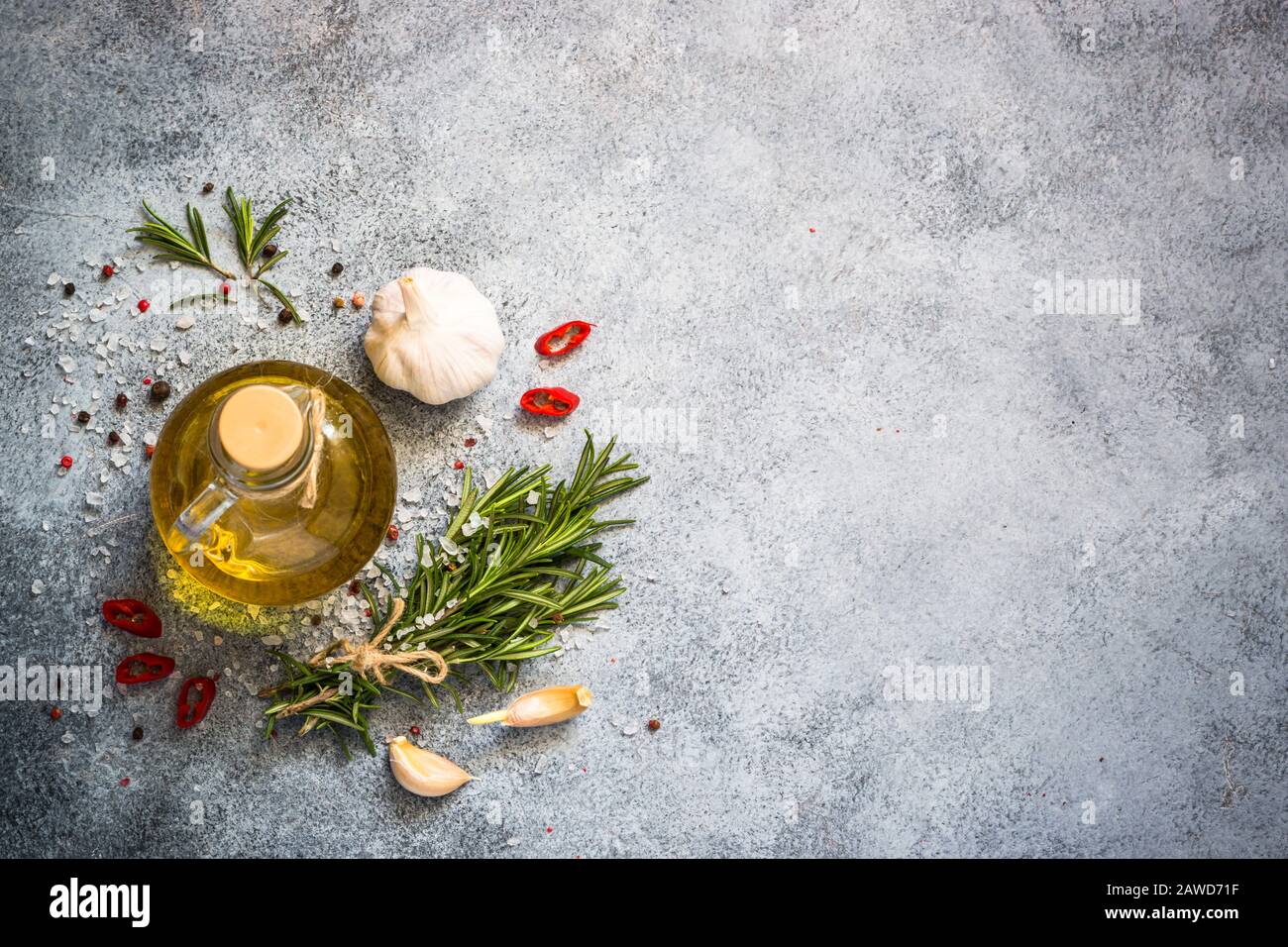 Food cooking background on kitchen table top view. Stock Photo