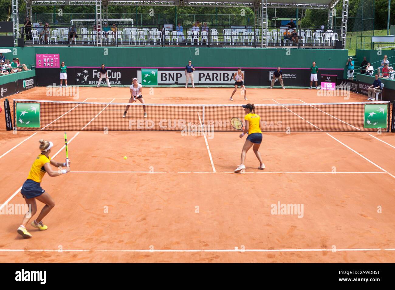 Florianopolis, Brazil. 08th Feb 2020. Doubles competition between Luisa  Stefani and Laura Pigossi (BRA) x Anna-Lena Friedsam and Antonia Lottner  (GER), in dispute for the Fed - Cup semi-finals, the Women&#39;s Tennis