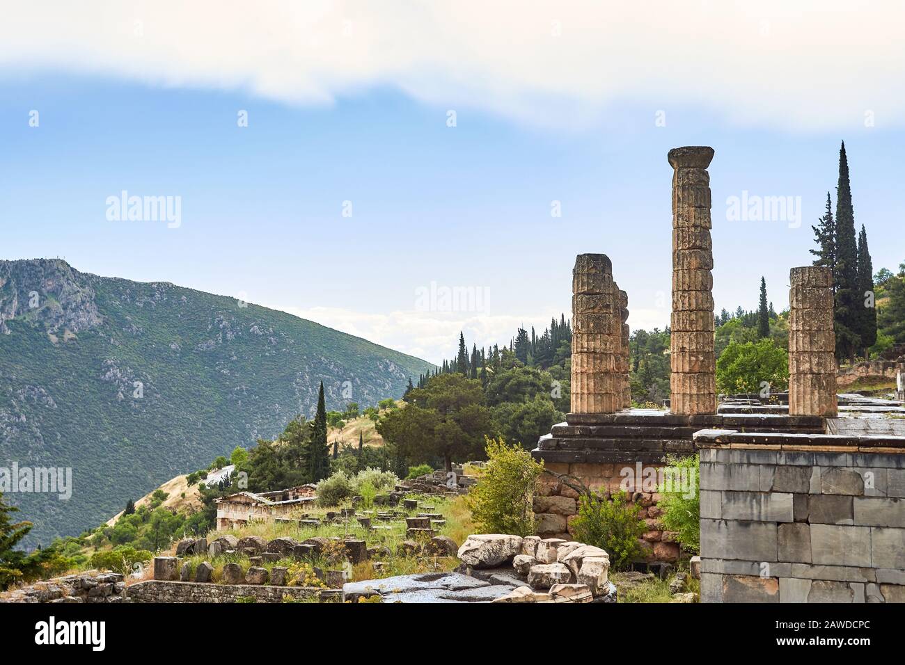 Ancient ruins in Delphi, Greece in a summer day Stock Photo