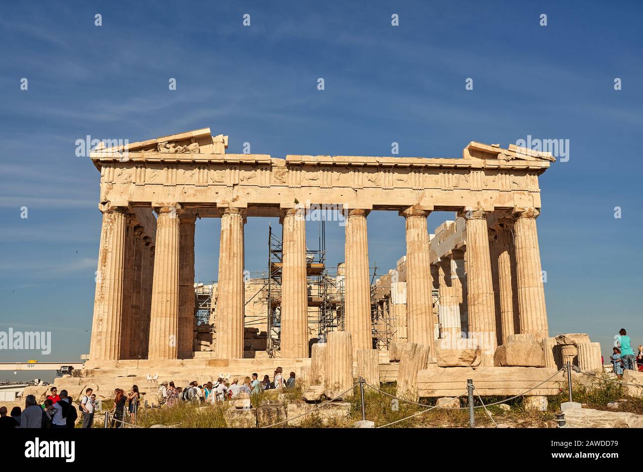 ATHENS, GREECE - 2019 May 18: Tourists in ancient old ruins Parthenon Temple in a summer day in Acropolis Greece, Athens Stock Photo