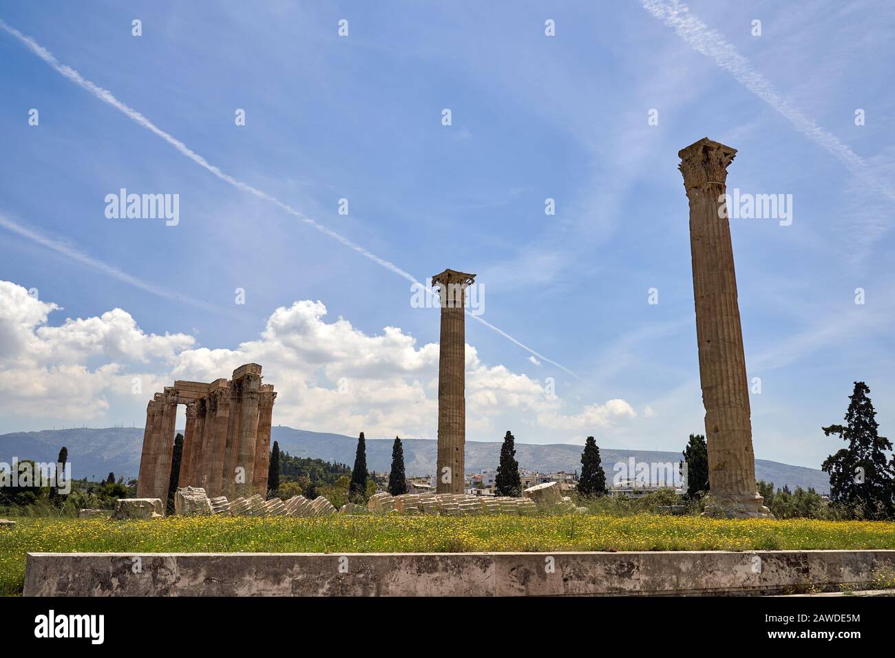 The Temple of Olympian Zeus or the Olympieion or Columns of the Olympian Zeus is a monument of Greece and a former colossal temple at the centre of th Stock Photo