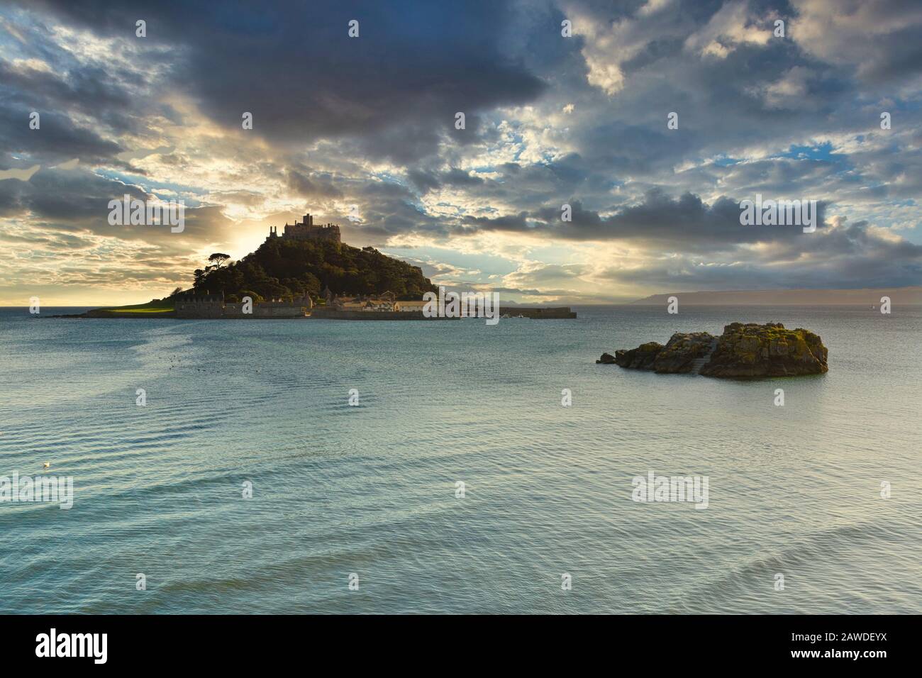 Saint Michaels Mount island in Cornwall viewed from the coast at Marazion in the twilight Stock Photo