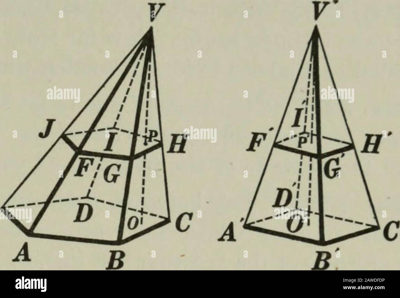 Plane and solid geometry . P. VB VC  ^ ^ — Z2.VF VG Vh  VP To prove: I. i^ VG VHII. FGHIJ^ ABODE. I. Argument 1. Through V pass plane RS II plane KL. 2. Then plane RS II plane MN. VA    VB VB    VC 3. VAVF VGVB VG VHVO VO VO . — = —, etc. VH VF ^t% • • ?^? VOVP = . Q.E.D. Reasons 1. § 652. 2. § 654. 3. § 650. 4. § 54, 1. VG VH11. The proof of II is left as an exercise for the student. 757. Cor I. Ally section of a pyramid ])arallel to thebase is to tJw base as the square of its distance fr.om thevertex is to the square of the altitude of the pyramid. Hint. Prove FCf yCr yp Aii- VB VO BOOK VI Stock Photo