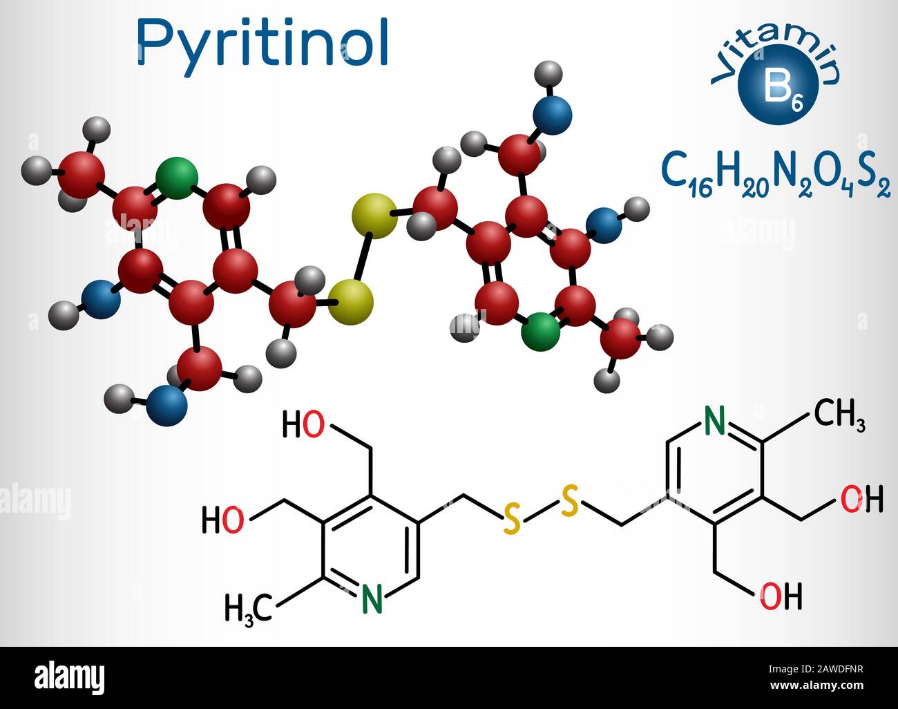 Pyritinol molecule, pyridoxine disulfide, pyrithioxine, is a vitamin B6. Structural chemical formula and molecule model. Vector illustration Stock Vector