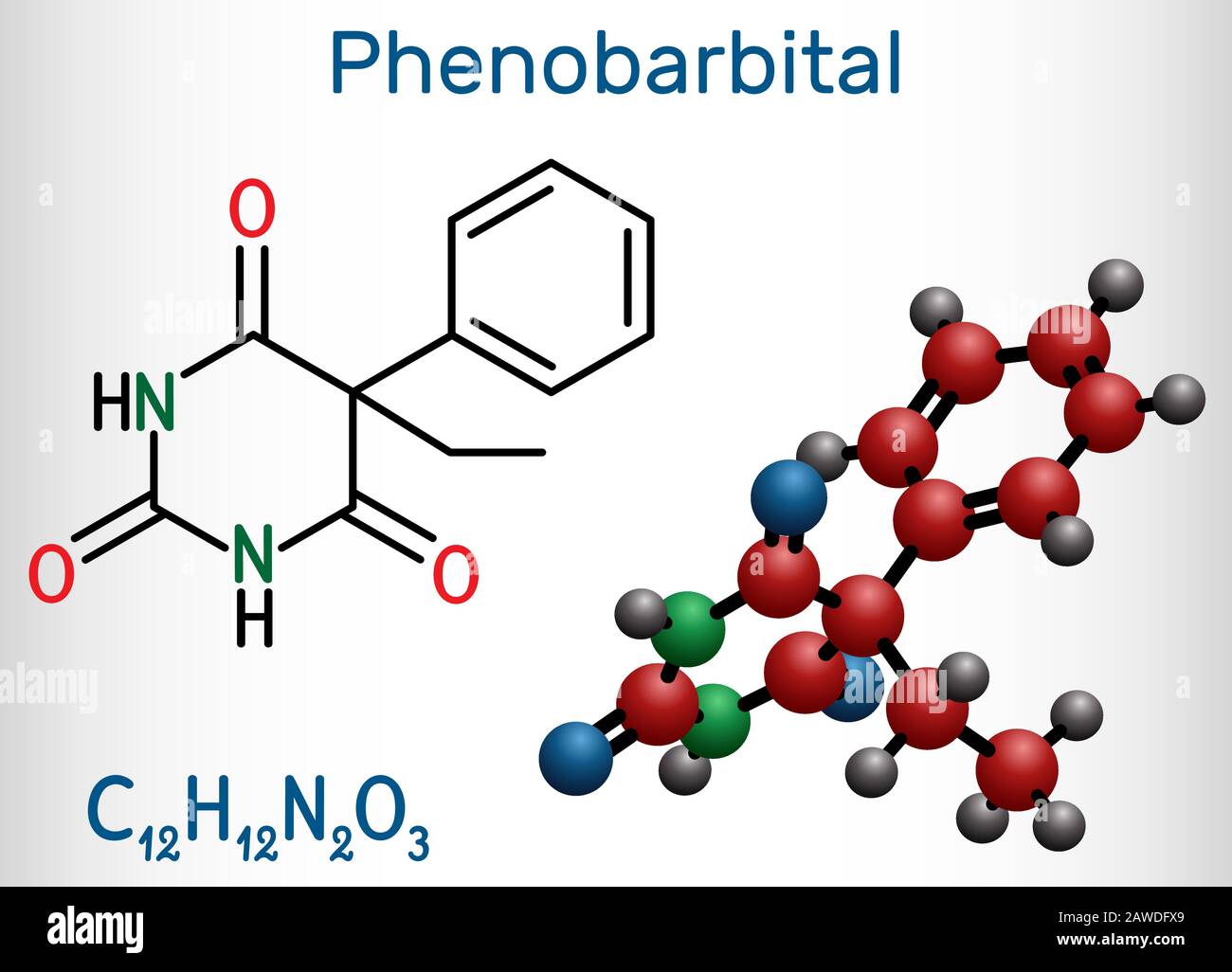 Phenobarbital, phenobarbitone or phenobarb, C12H12N2O3  molecule. It is a medication for the treatment of epilepsy. Structural chemical formula and mo Stock Vector