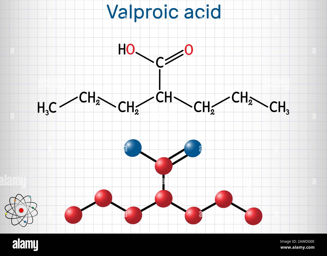 Valproate, VPA, valproic acid molecule. It is anticonvulsant and ...