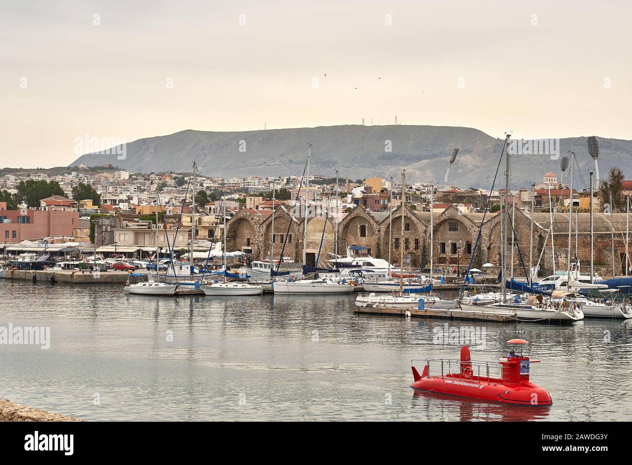 Chania, Crete, Greece. May 20: famous venetian harbour bay waterfront of Chania old town, Crete, Greece in summer Stock Photo