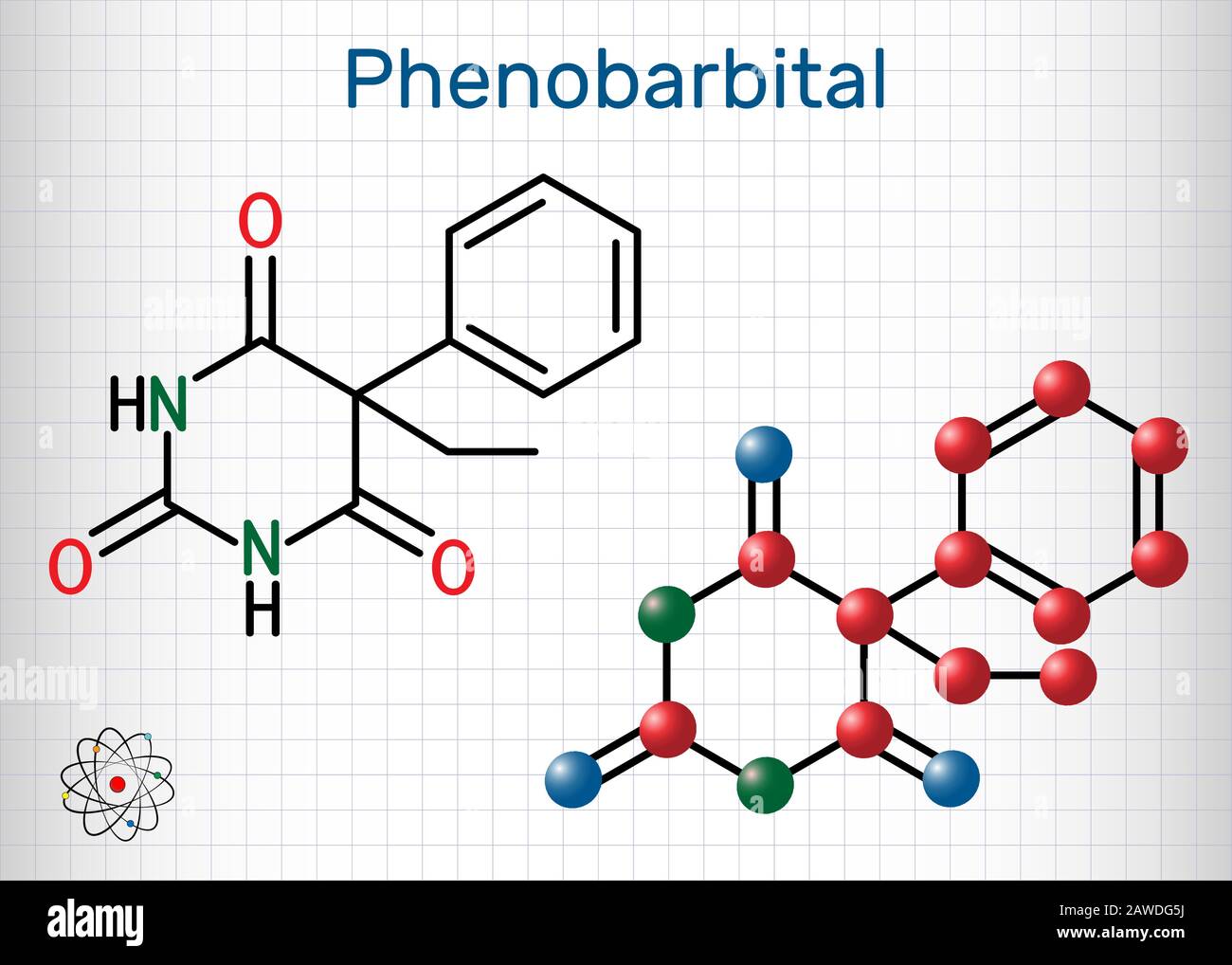 Phenobarbital, phenobarbitone or phenobarb, C12H12N2O3  molecule. It is a medication for the treatment of epilepsy. Structural chemical formula and mo Stock Vector