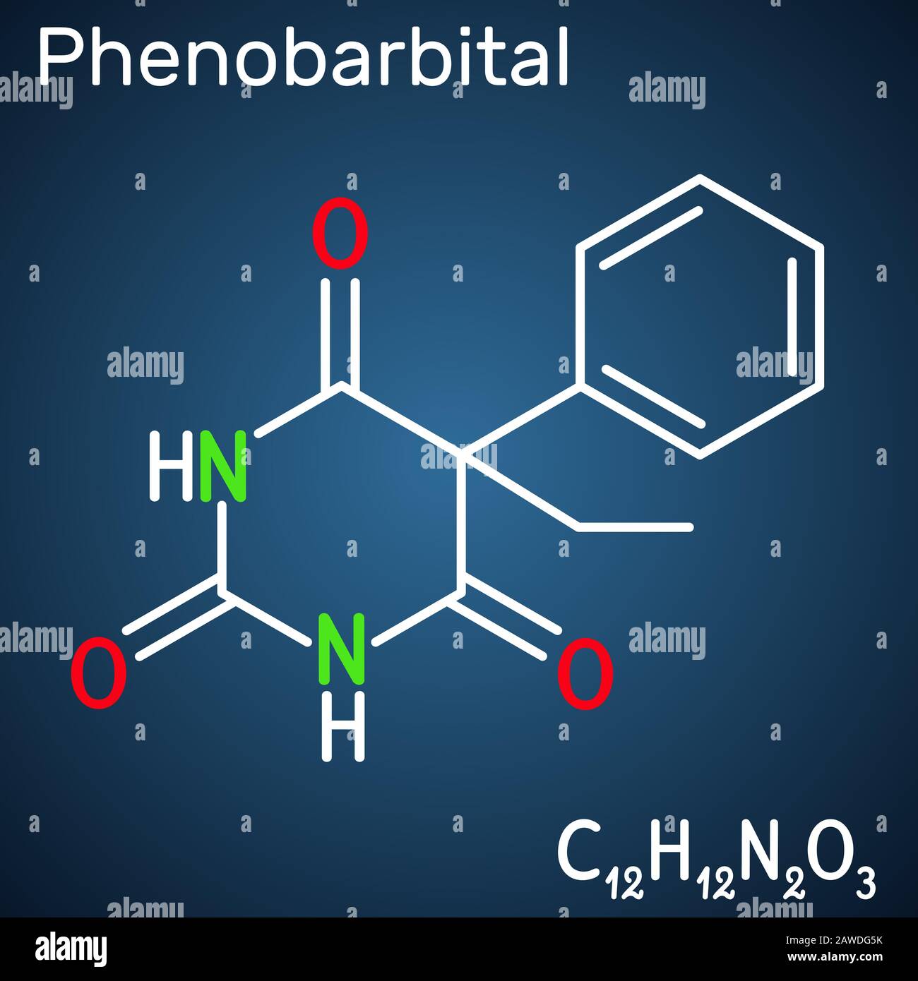 Phenobarbital, phenobarbitone or phenobarb, C12H12N2O3  molecule. It is a medication for the treatment of epilepsy. Structural chemical formula on the Stock Vector