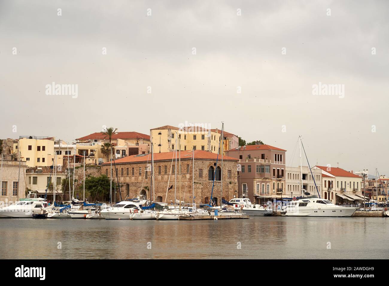 Chania, Crete, Greece. May 20 famous harbour bay waterfront of Chania old town, Crete