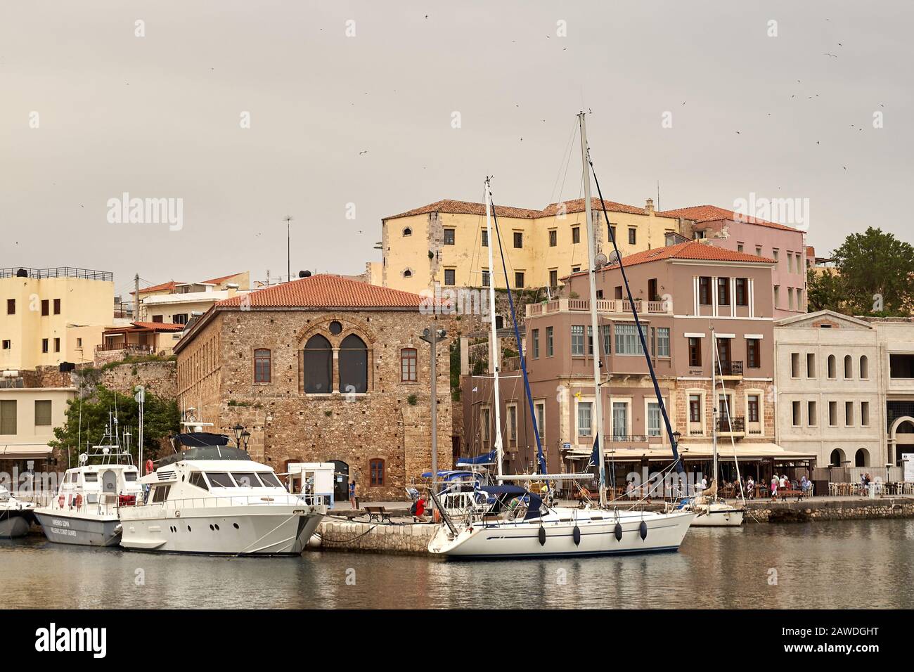 Chania, Crete, Greece. May 20: famous venetian harbour bay waterfront of Chania old town, Crete, Greece in summer Stock Photo