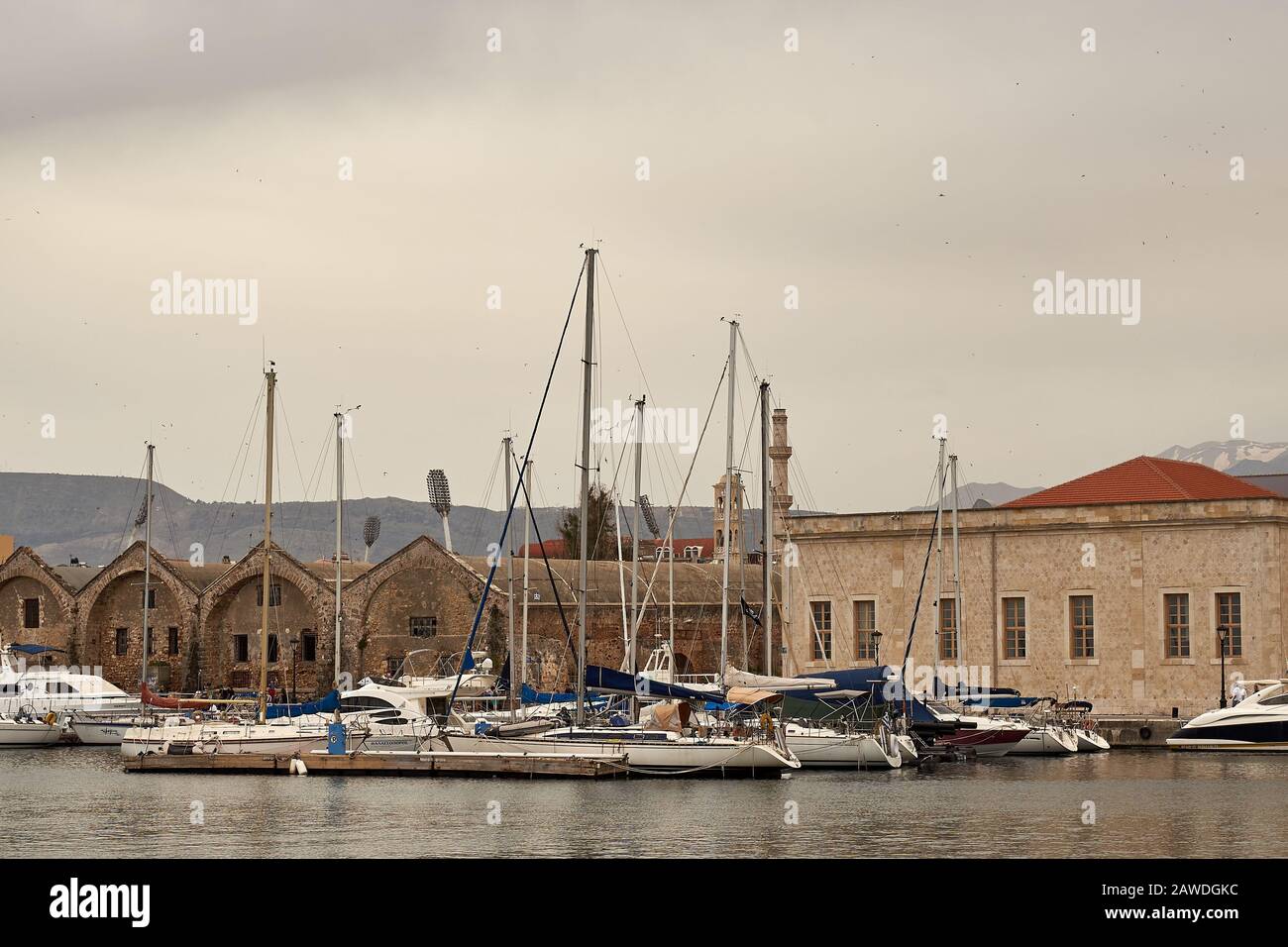 Chania, Crete, Greece. May 20: famous venetian harbour bay waterfront of Chania old town, Crete, Greece in summer Stock Photo