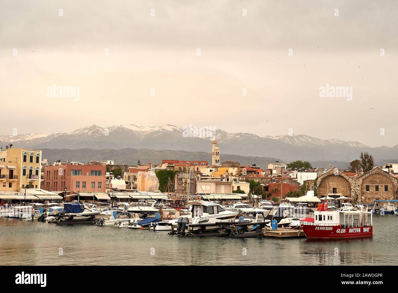 Chania, Crete, Greece. May 20: famous venetian harbour bay waterfront of Chania old town, Crete, Greece in summer Stock Photo