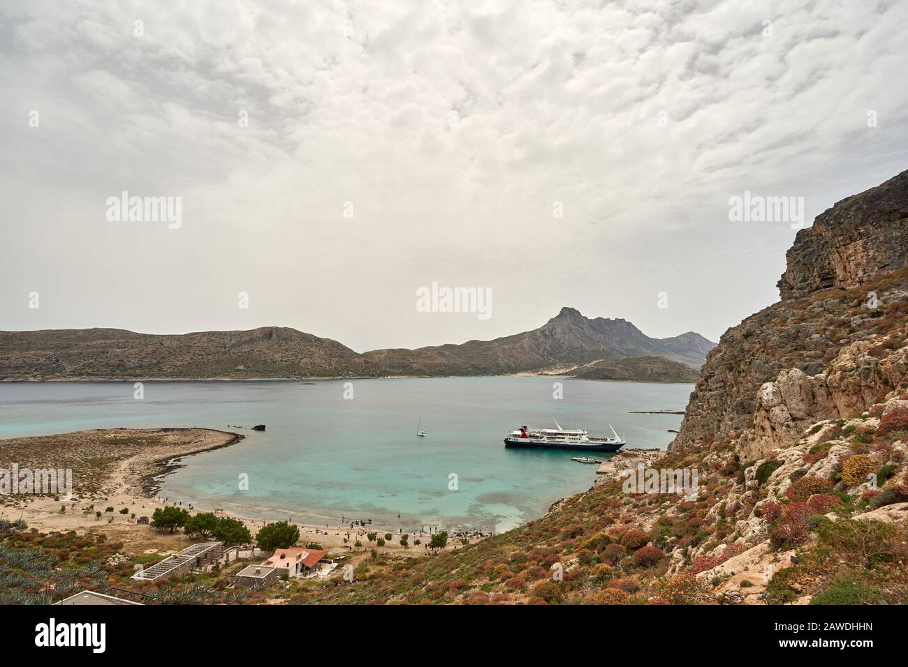 Gramvousa island, Crete, Greece. May 20 2019: ship is staying in the bay near the pirate castle in Crete, Greece in summer Stock Photo