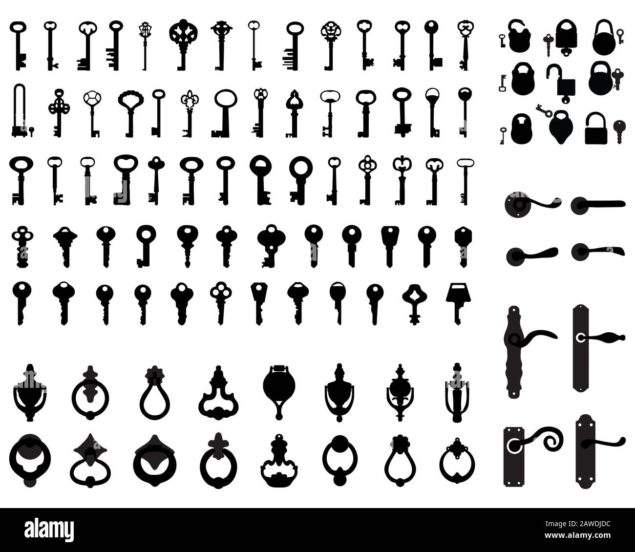 Silhouettes of door handle, knocker, latch, keys and padlocks Stock