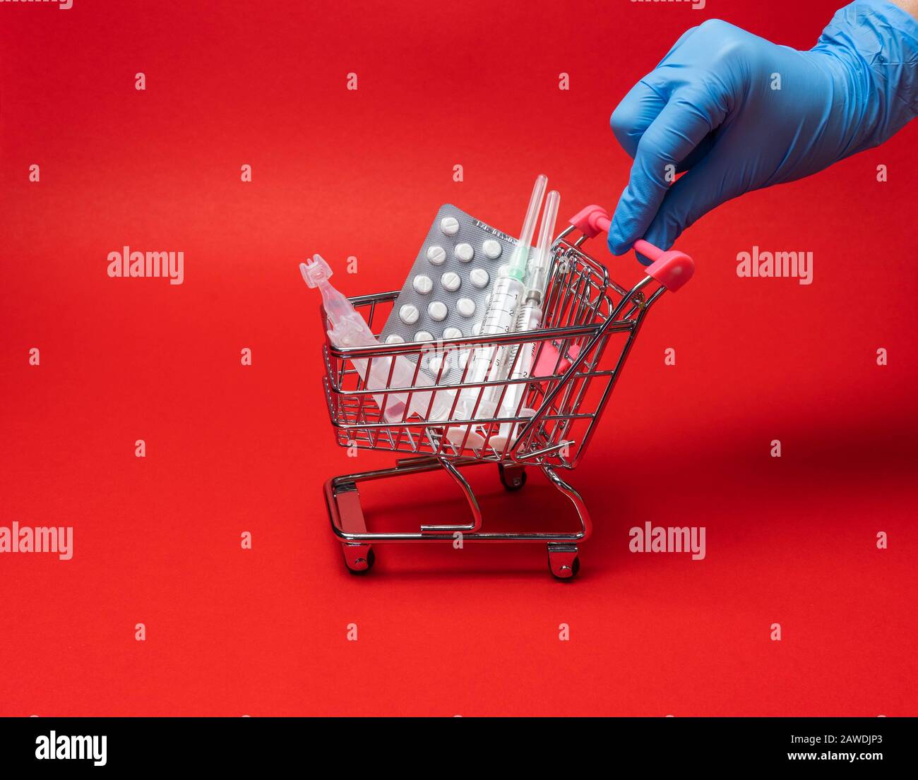 Sale and discount. Biggest medicines store. Shopping basket with