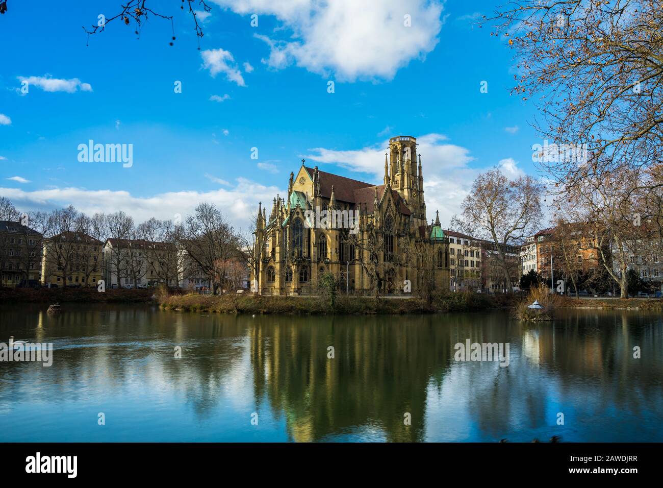 Germany, Famous stuttgart feuersee gothic church surrounded by water of ...