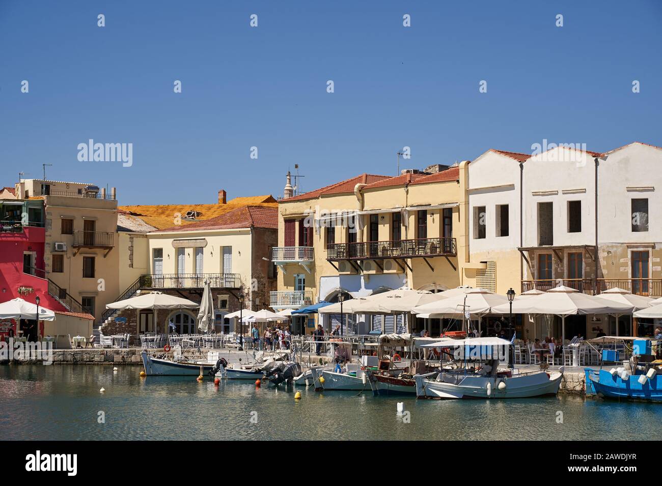 Crete, Rethymno, Greece, May 24, 2019: Pictorial colorful Greece: Rethymnon fishing boats, Crete island  in summer Stock Photo