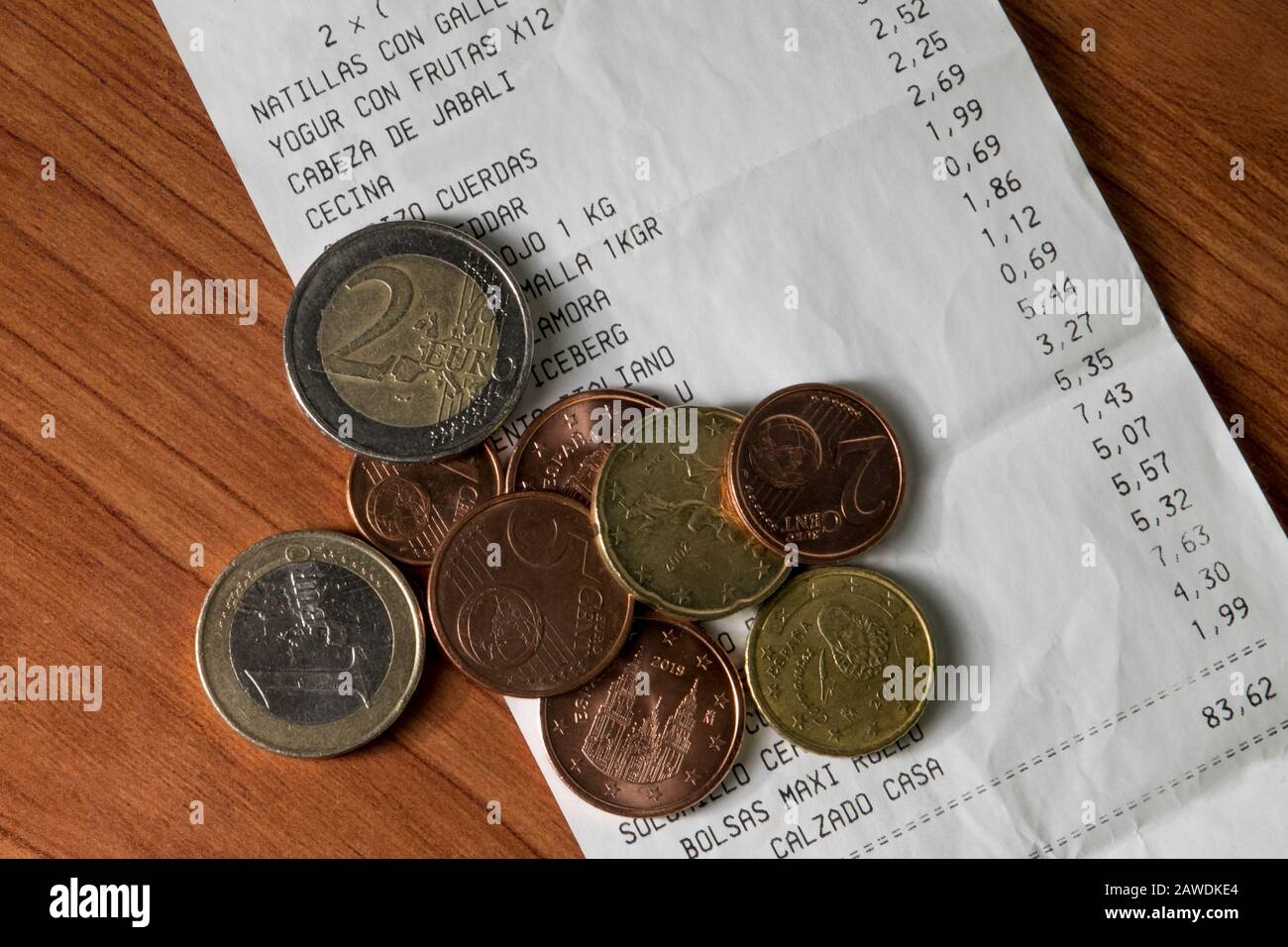 Coins with purchase ticket and products and prices Stock Photo