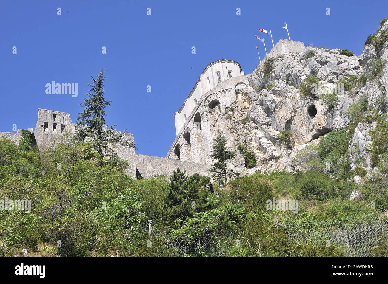 View over old French castle and valley Stock Photo