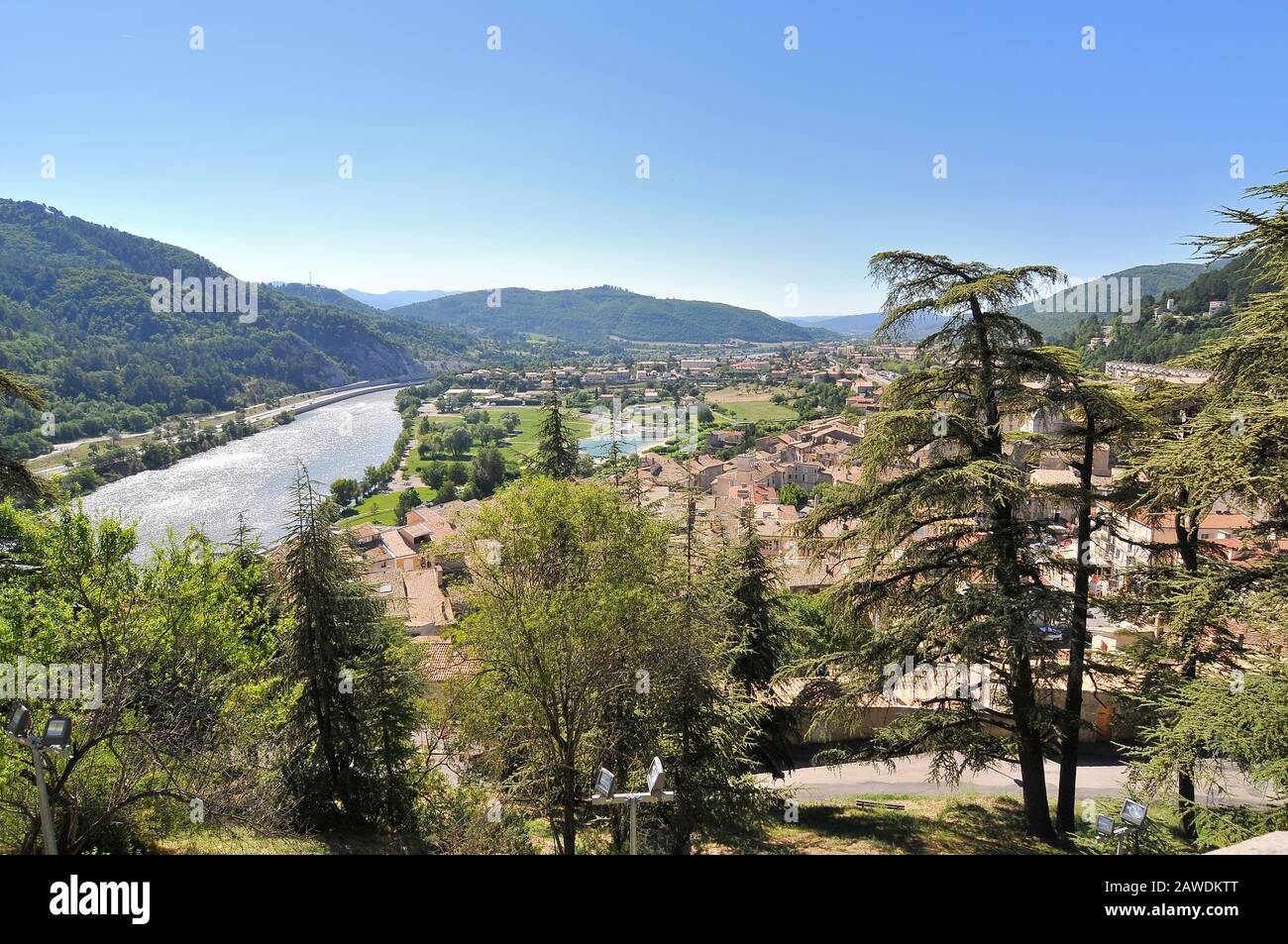 View over old French castle and valley Stock Photo