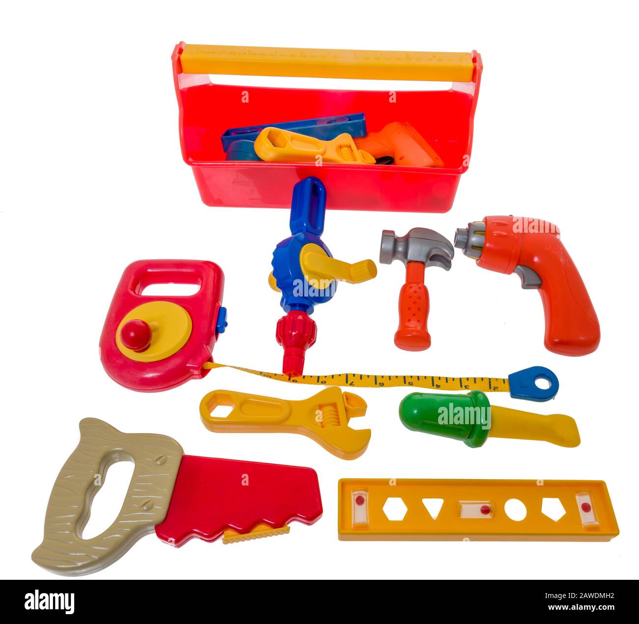 A mixture of toy tools including a tape measure, saw, level, cresent