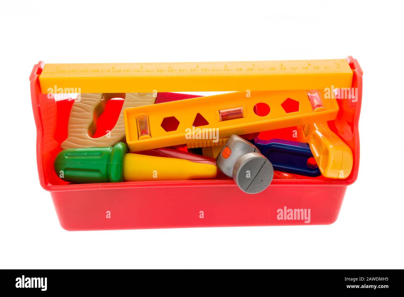 A mixture of toy tools including a tape measure, saw, level, cresent