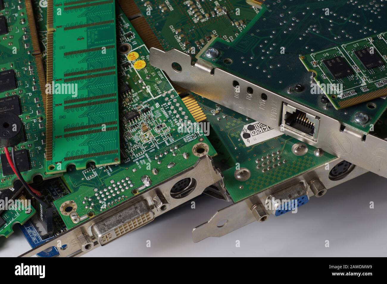 RAM memories and expansion cards. Used consumer electronics components ...