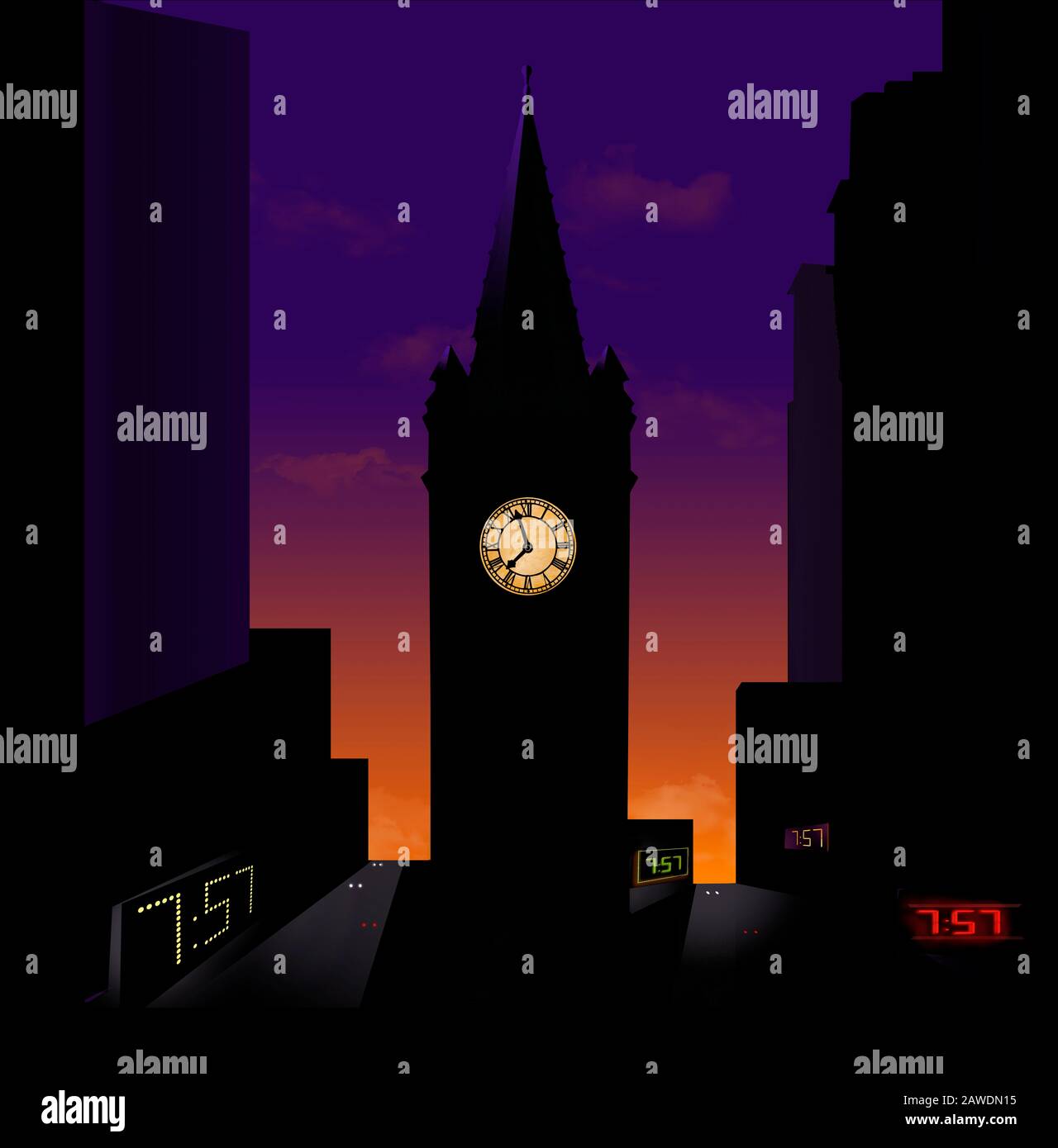 A traditional clock tower is seen silhouetted at sunset with it’s
